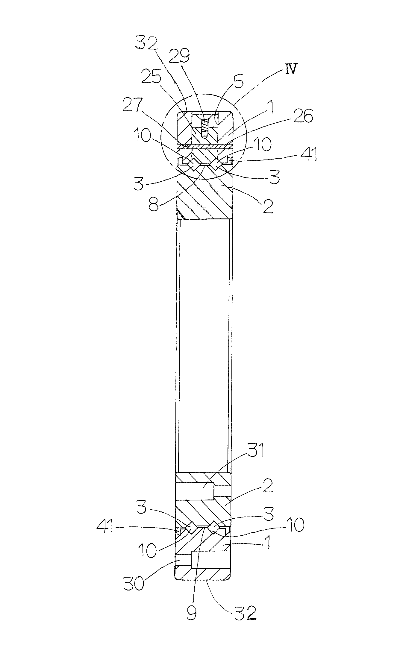 Turning bearing with rollers between outer ring and inner ring