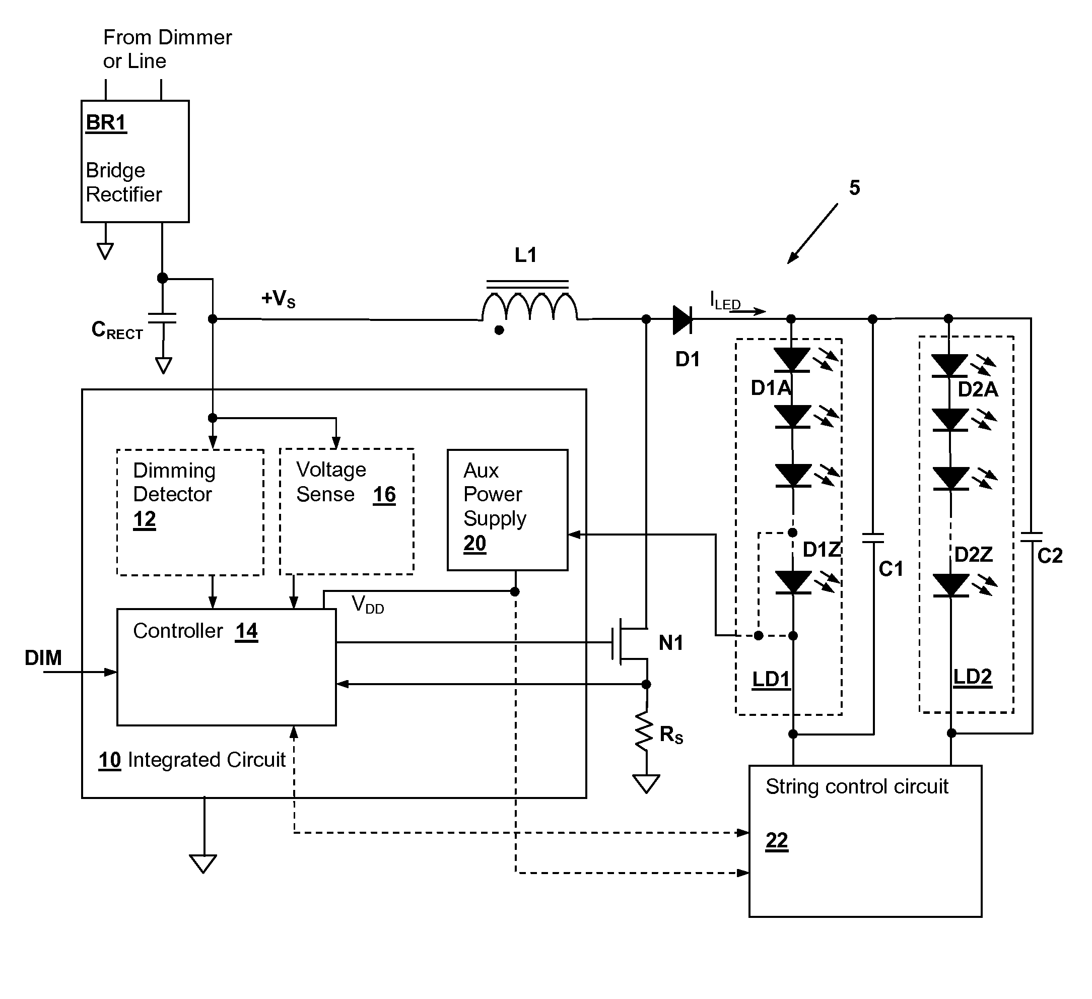 LED (light-emitting diode) string derived controller power supply