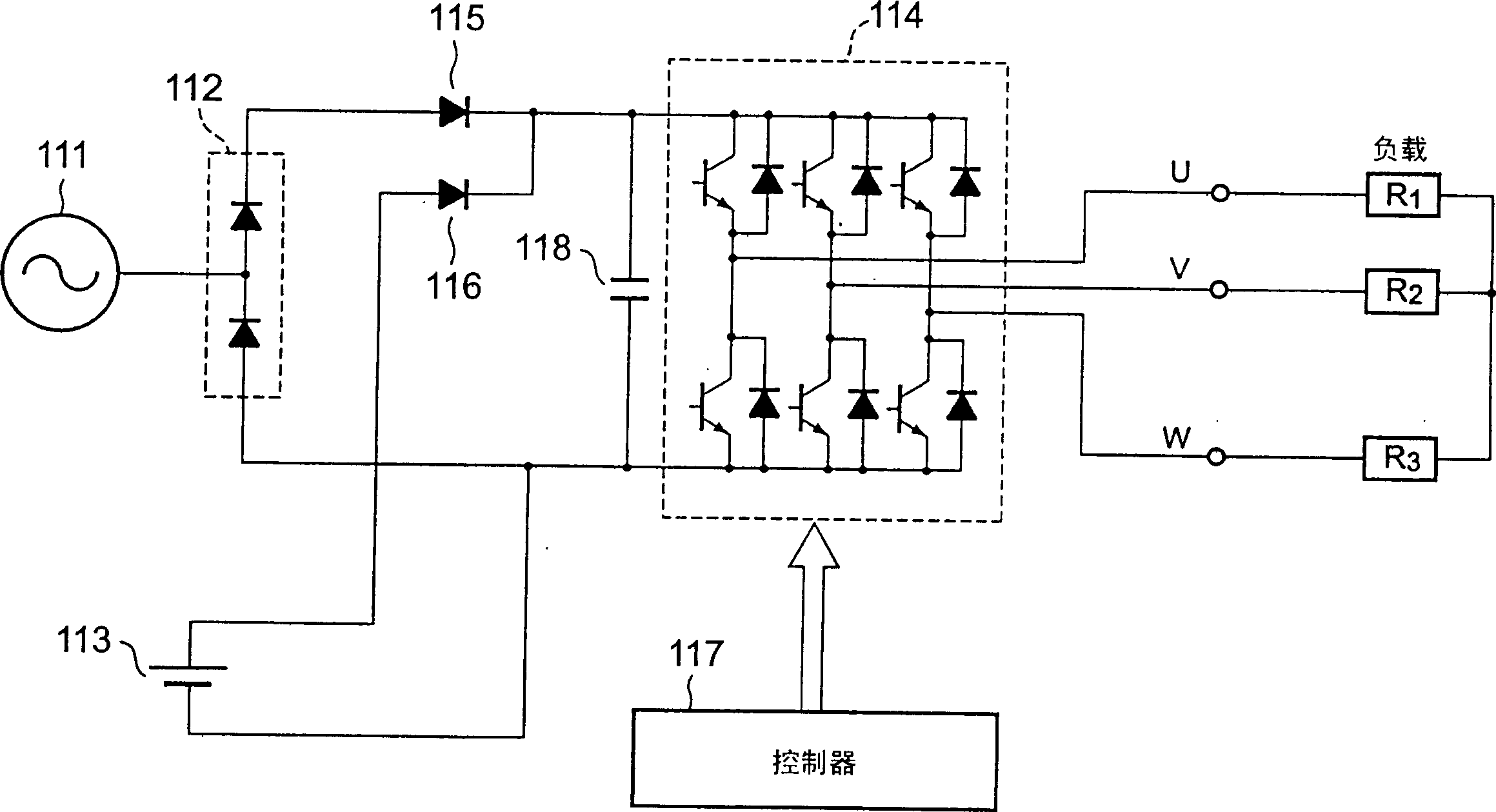 PWM cycloconverter and power fault detctor