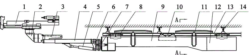 Suspension rail type rock drilling machine