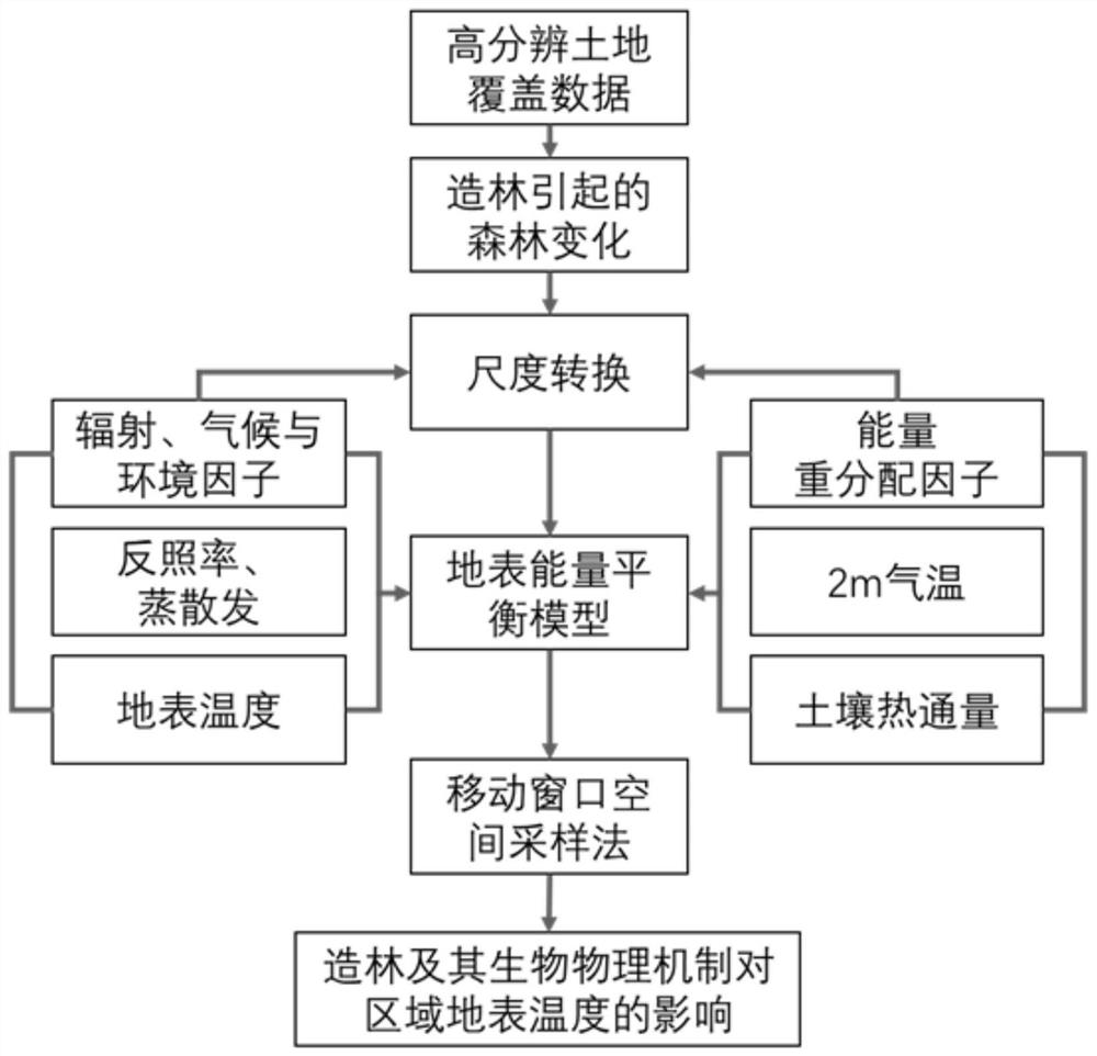 Method for responding to surface temperature of afforestation based on multi-source remote sensing and energy balance model