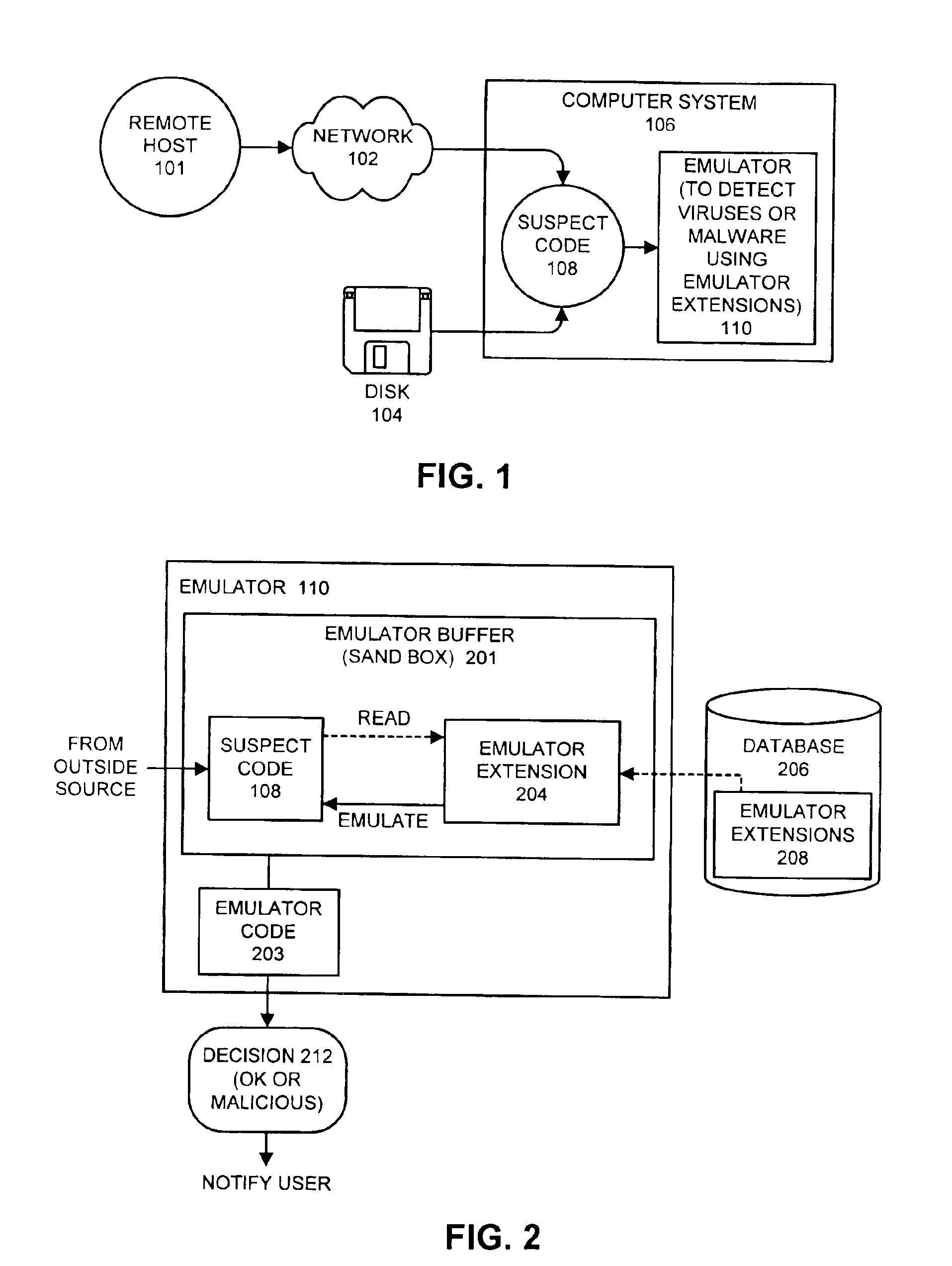 Detecting computer viruses or malicious software by patching instructions into an emulator