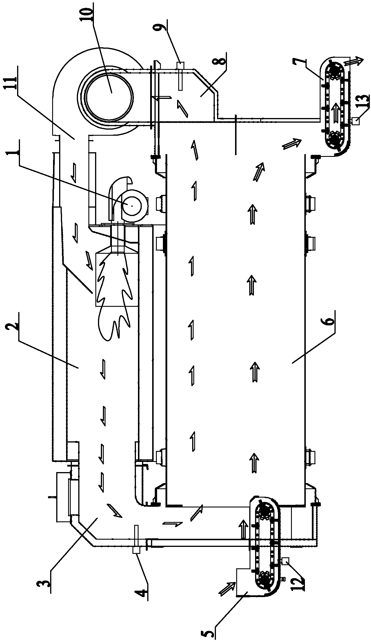 Continuous asphalt reclaimed material hot-air circulation heating device