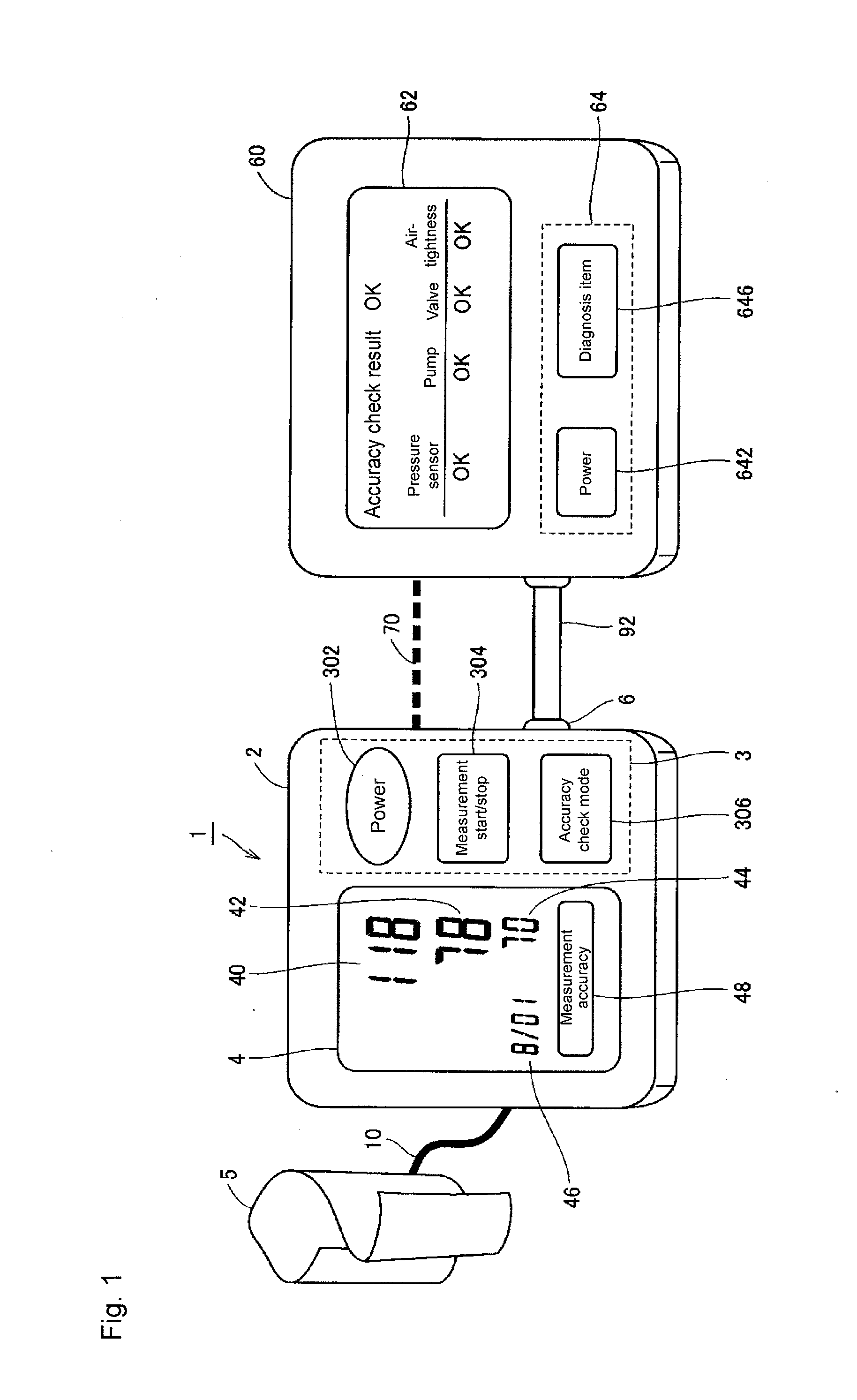 Sphygmomanometer and measurement accuracy check system of sphygmomanometer