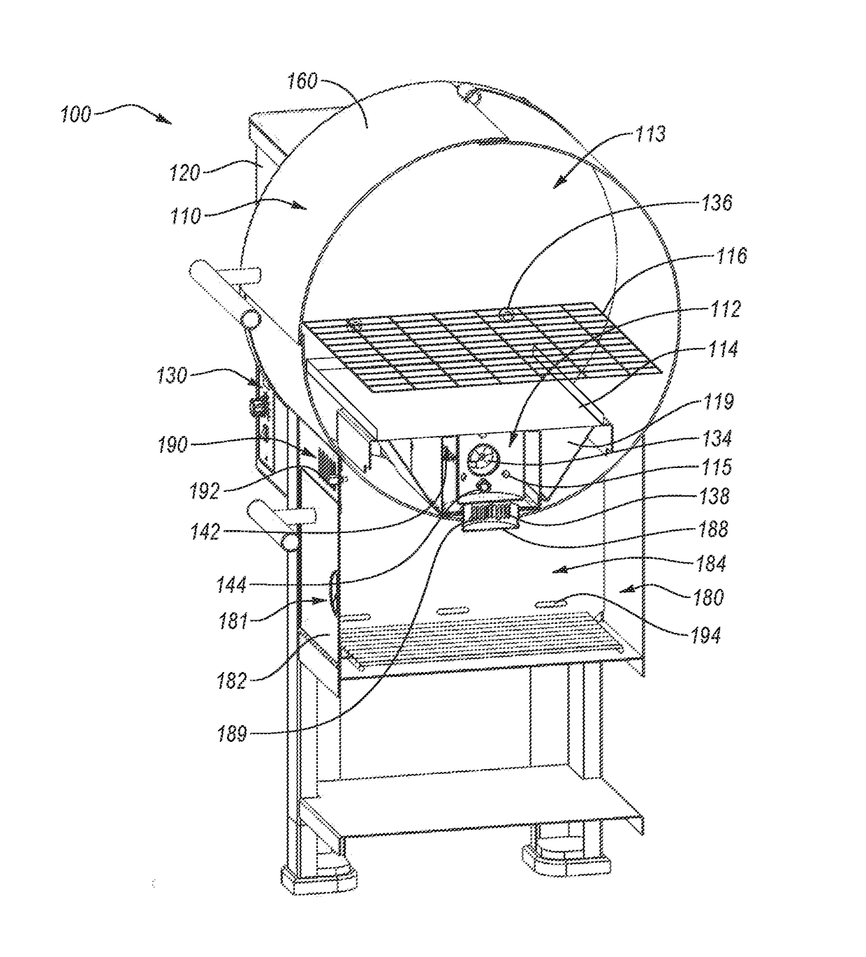 Grilling device with warming cabinet