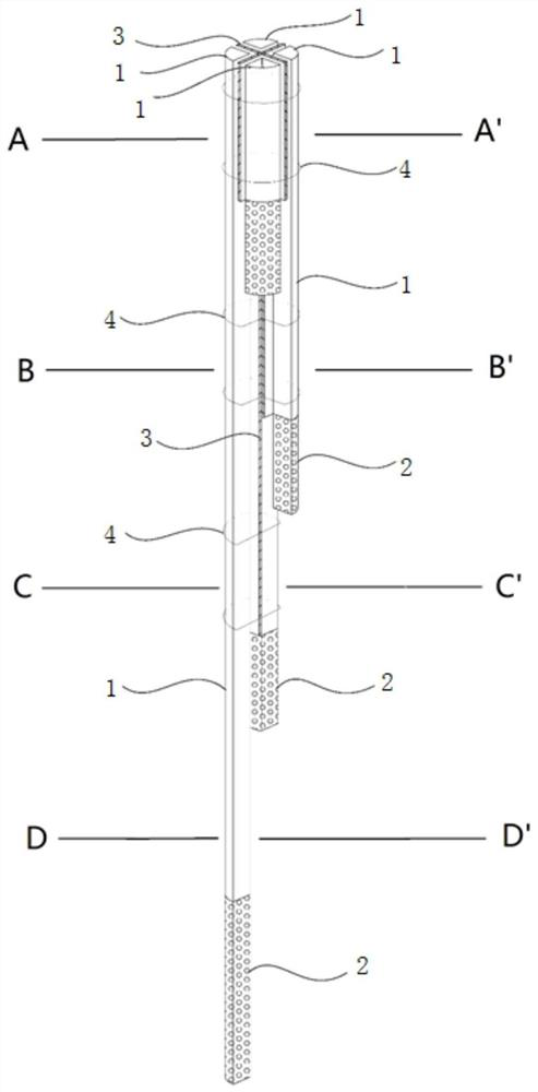 Underground water beam type monitoring well and well completion method