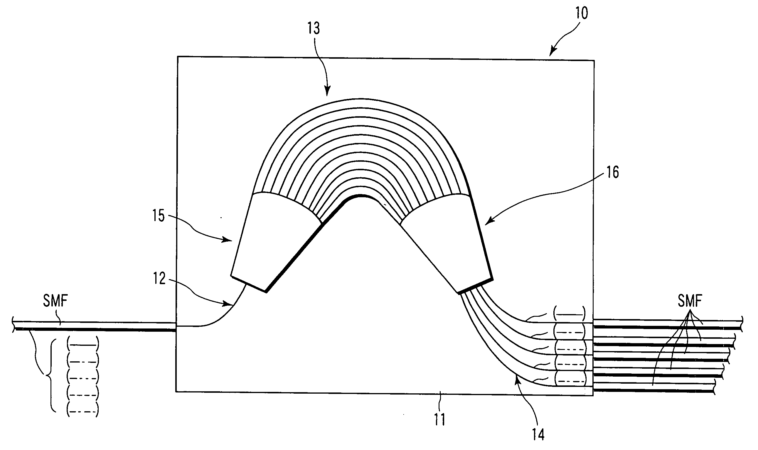 Multichannel array waveguide diffraction grating multiplexer/demultiplexer and method of connecting array waveguide and output waveguide