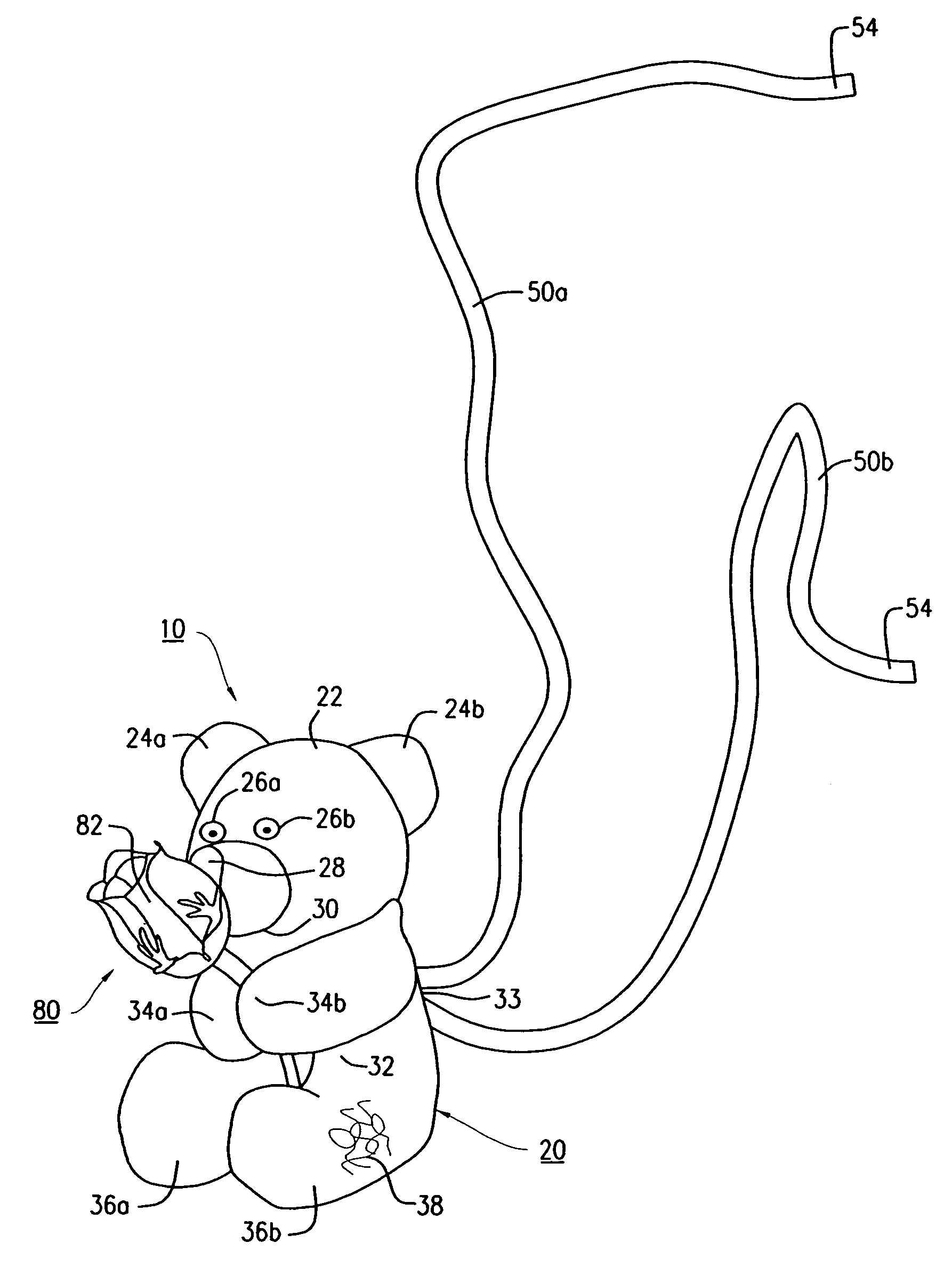 Plush toy having an integral built-in storage compartment for dispensing a ribbon therefrom