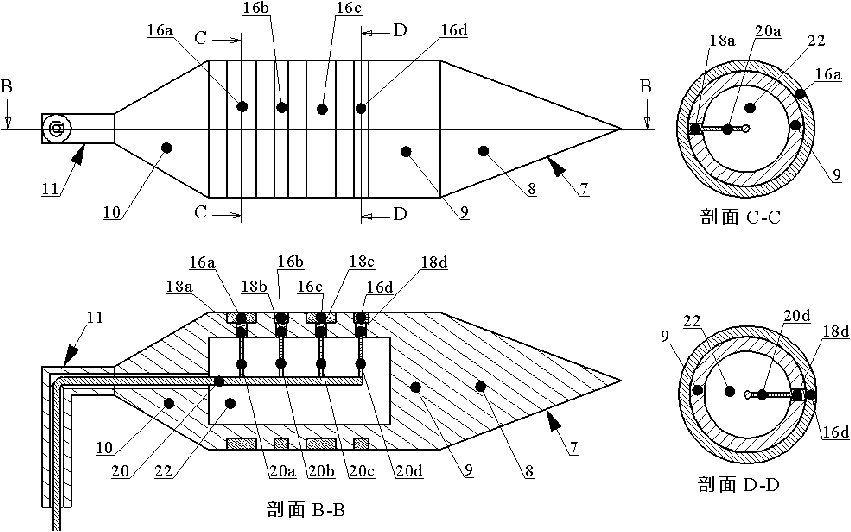 Multi-section impedance long-waist internal cone sensor and multi-phase flow measurer