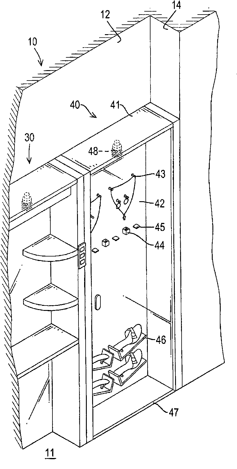 Interior wall with wardrobe device