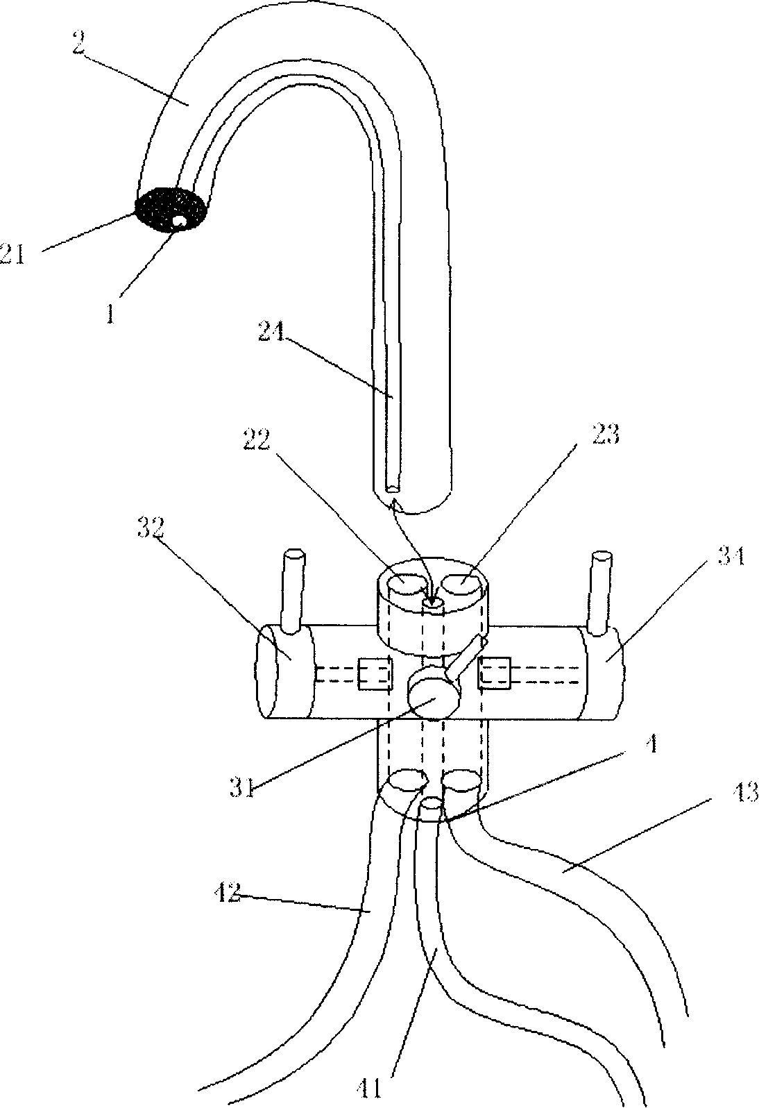 Water tap of ternary combined valve of embedded pure water pipe