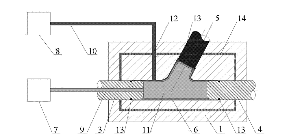 Composite inner and outer hydraulic pressure forming method for high-branch height thin-wall three-way pipe