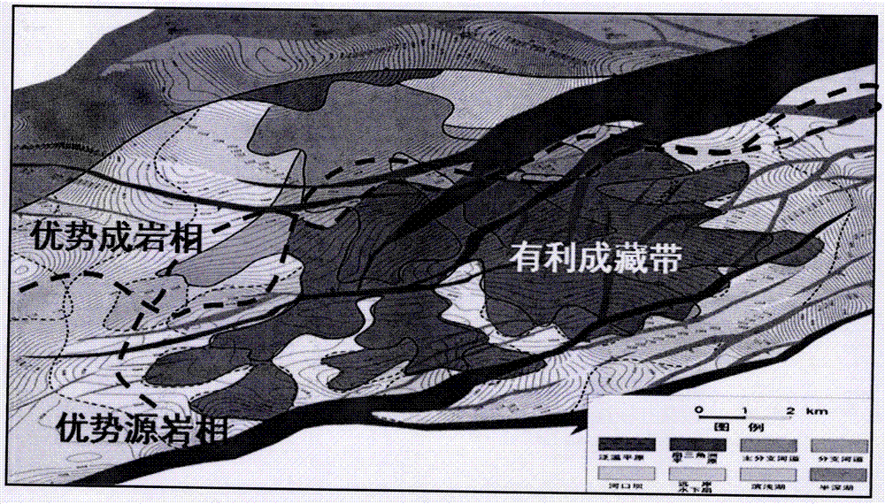 Continental lacustrine basin slope area stratum lithologic oil and gas reservoir dominant facies prediction method