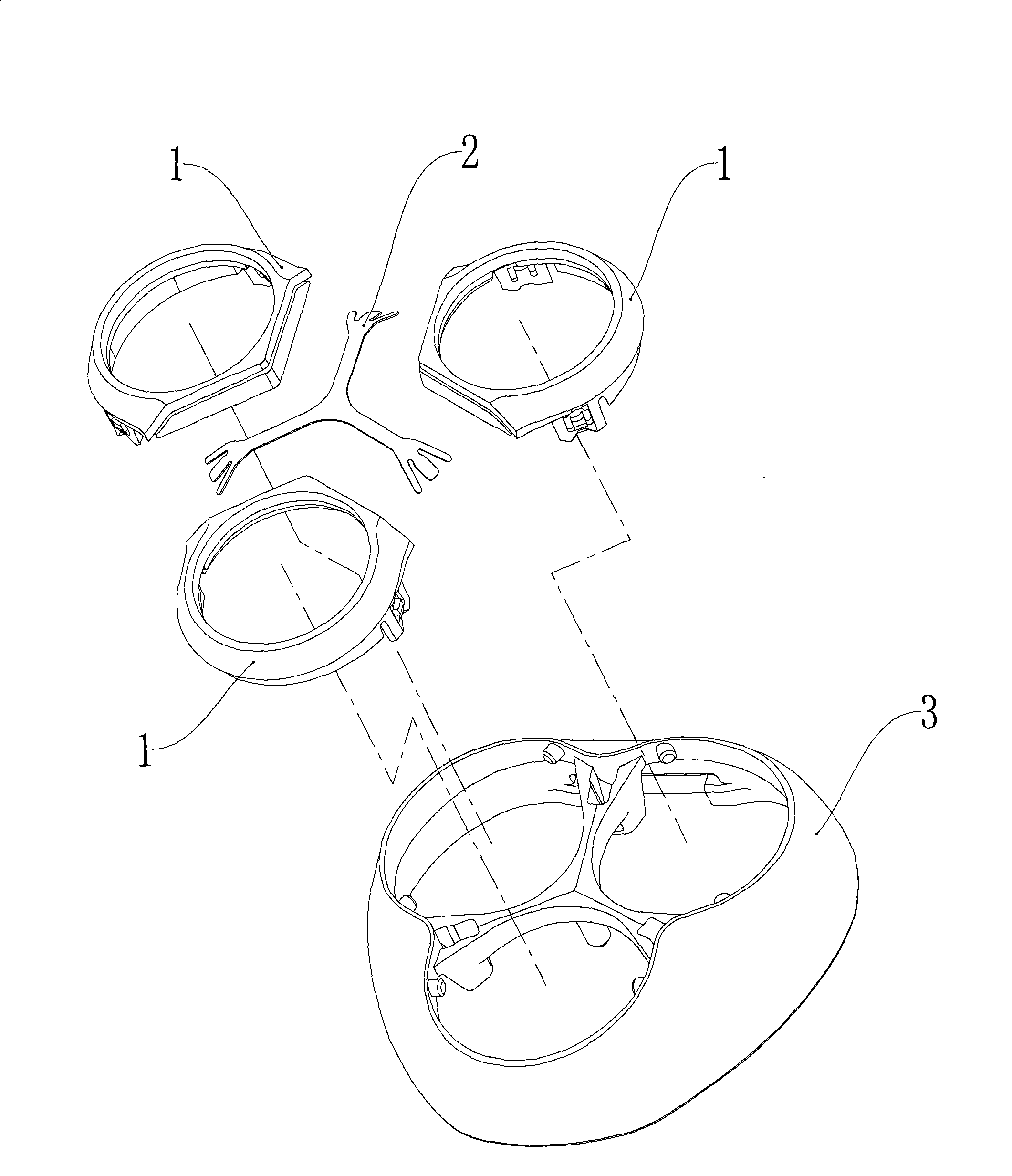 Floating facing device of internal cutter for triple rotating shaver