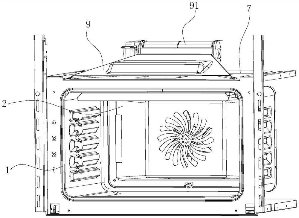 A hot air structure for cooking equipment and an oven with the structure