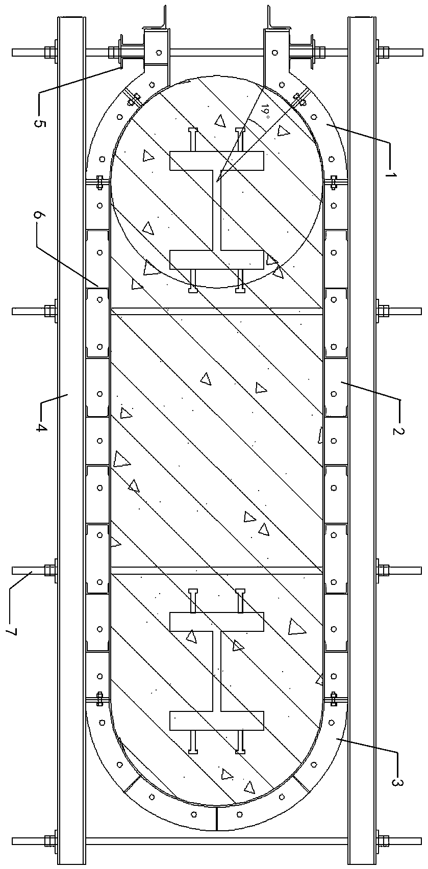 Spoon-shaped steel formwork for junction part of elliptic cylinder and straight wall, formwork system and construction method