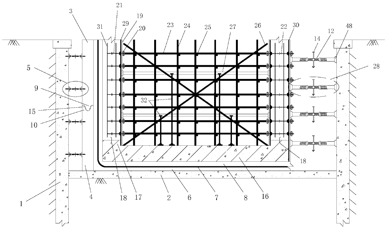 Construction method of composite unilateral formwork deep foundation pit basement exterior wall