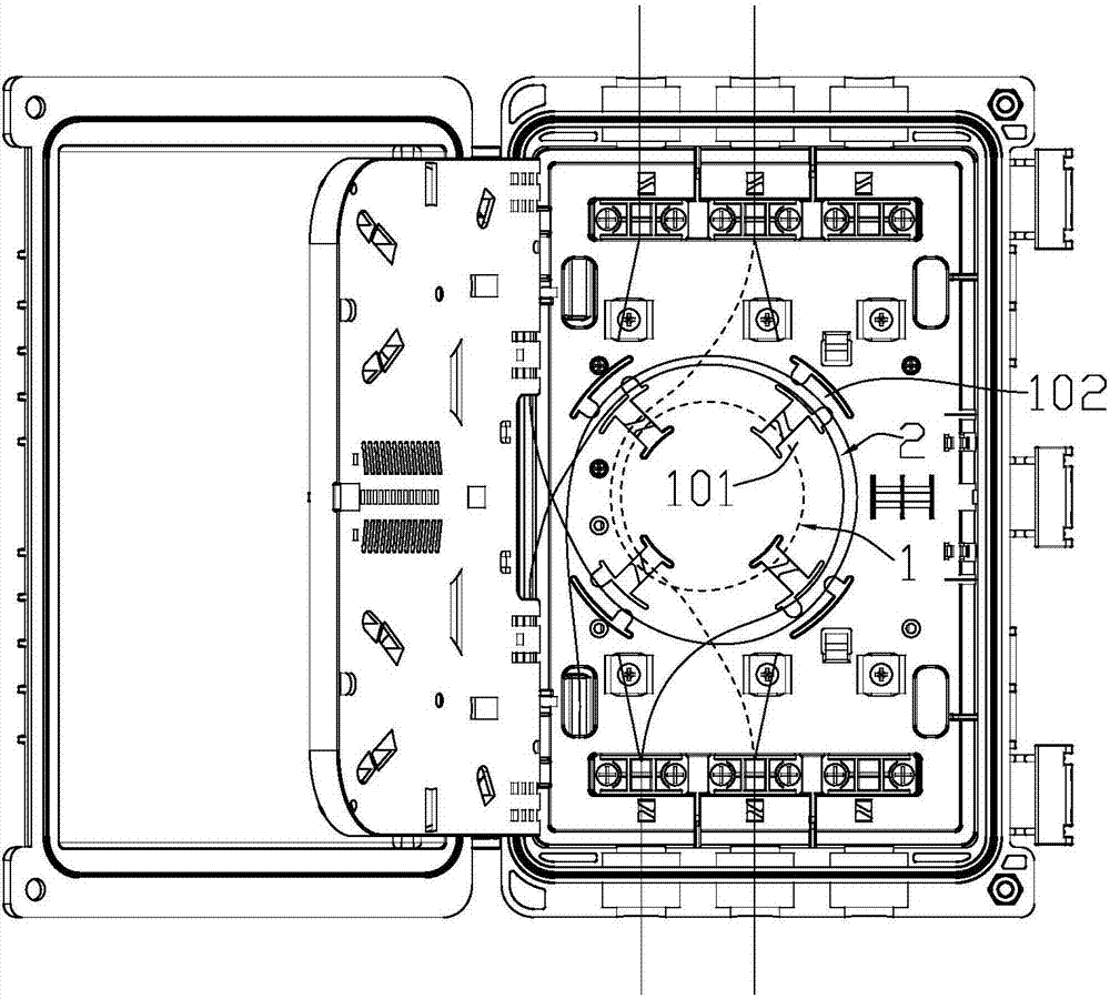 Fiber coiling and partitioning device and optical fiber laying splicing box