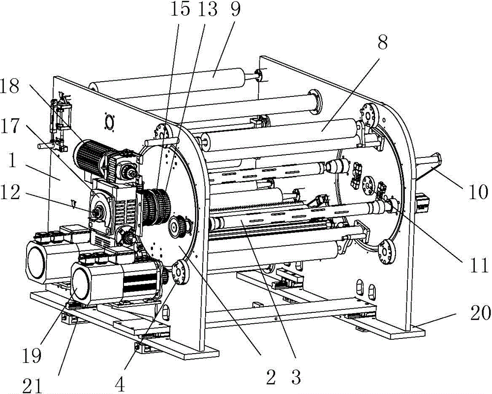 Double-shaft transmission type linear cutter winding device allowing horizontal locations of winding rollers to be adjustable