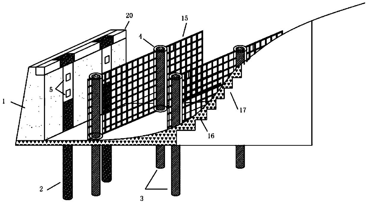 High embankment slope stabilizing structure and construction method thereof