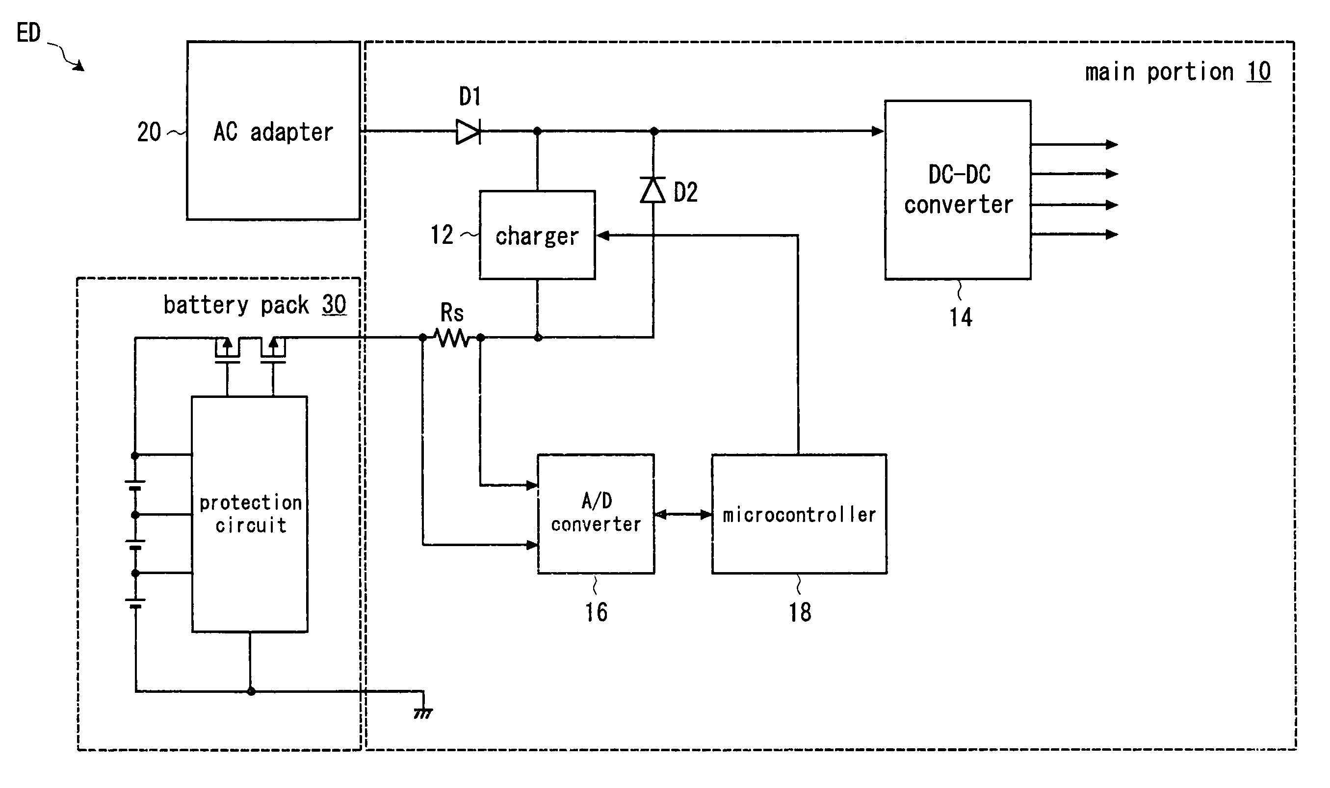 A/D converter, battery pack, electronics device and method of voltage measurement