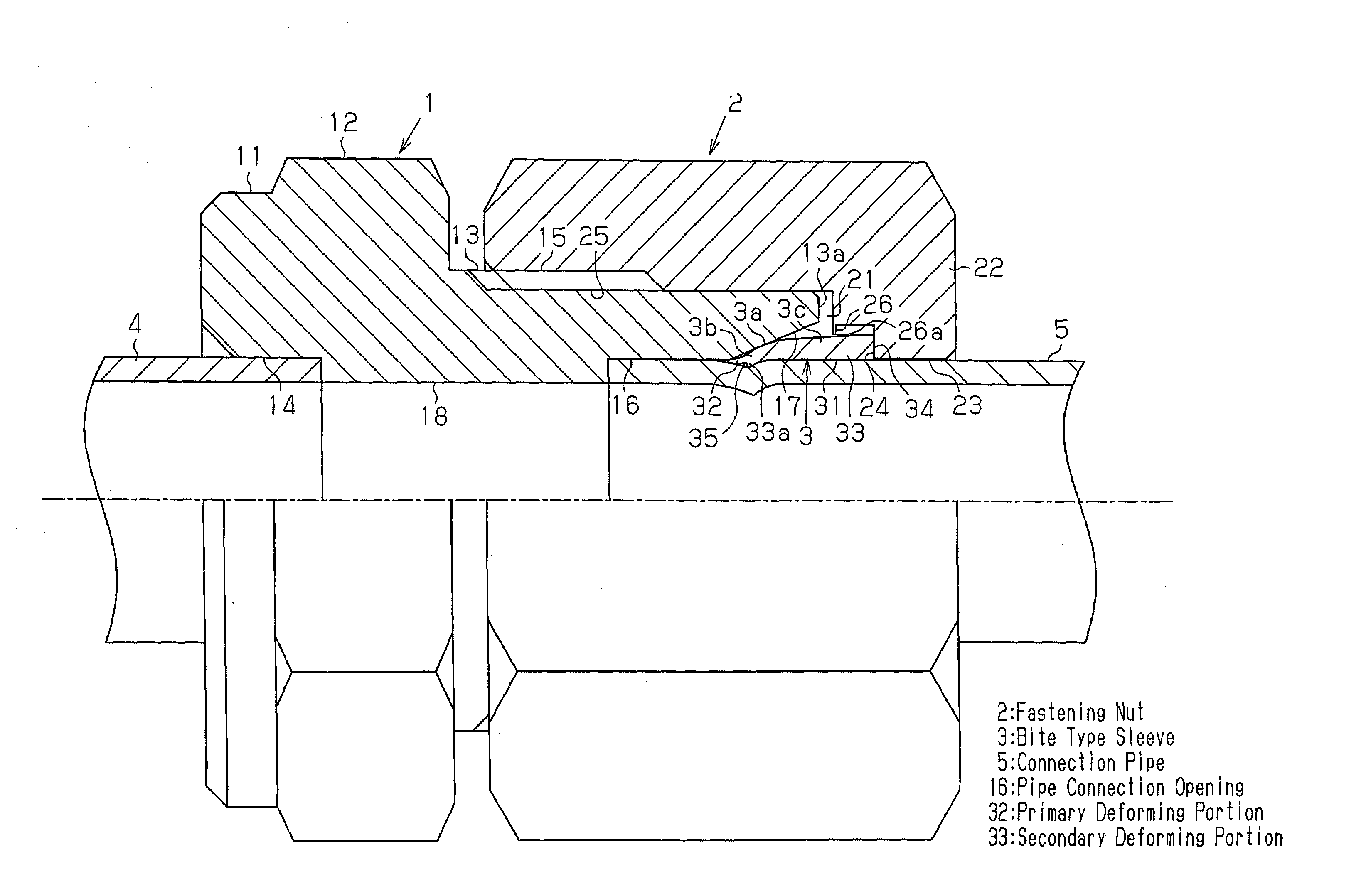 Bite type tube connection structure, tube fitting, valve, closing valve, refrigerating cycle device, hot-water supply device, bite type tube connection method, and on-site tube connection method