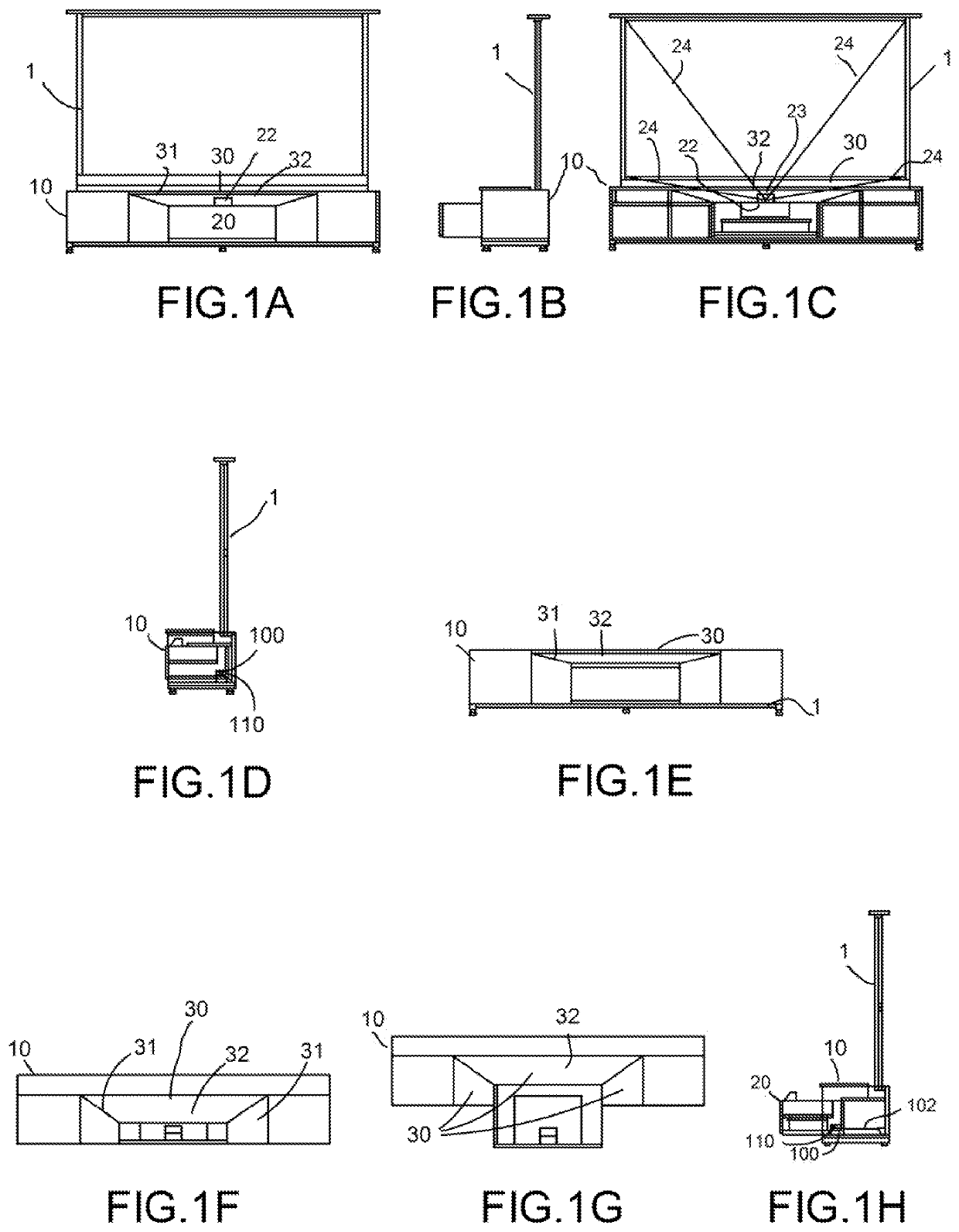 Universally adjusting ultra short throw projector credenza