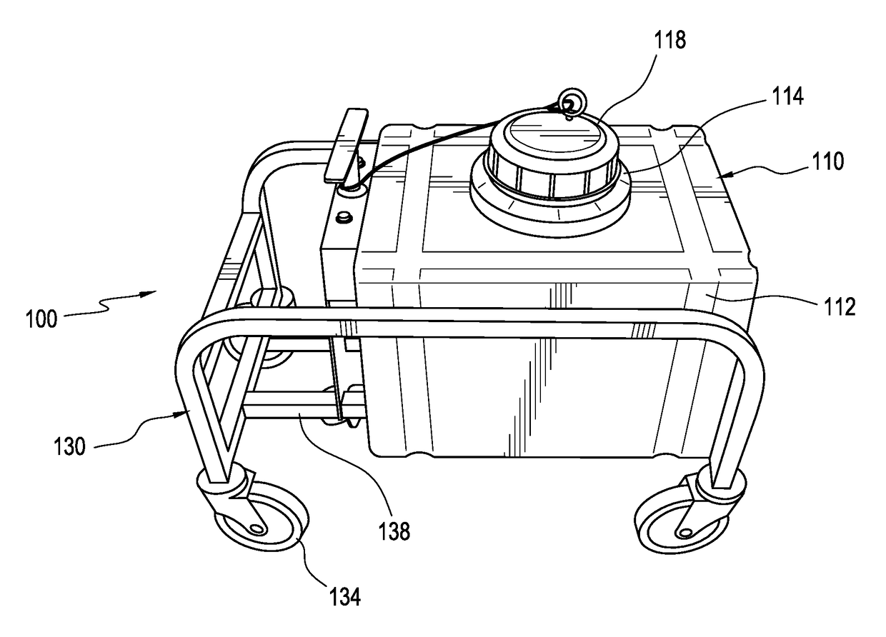 Liquid collection device that catches and transports, without spills, drain water from a piece of equipment, such as an ice table, and a system including the table and collection device