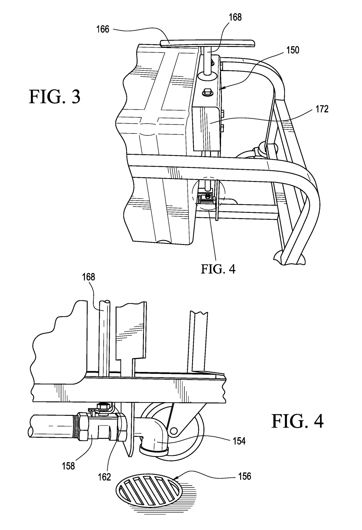 Liquid collection device that catches and transports, without spills, drain water from a piece of equipment, such as an ice table, and a system including the table and collection device