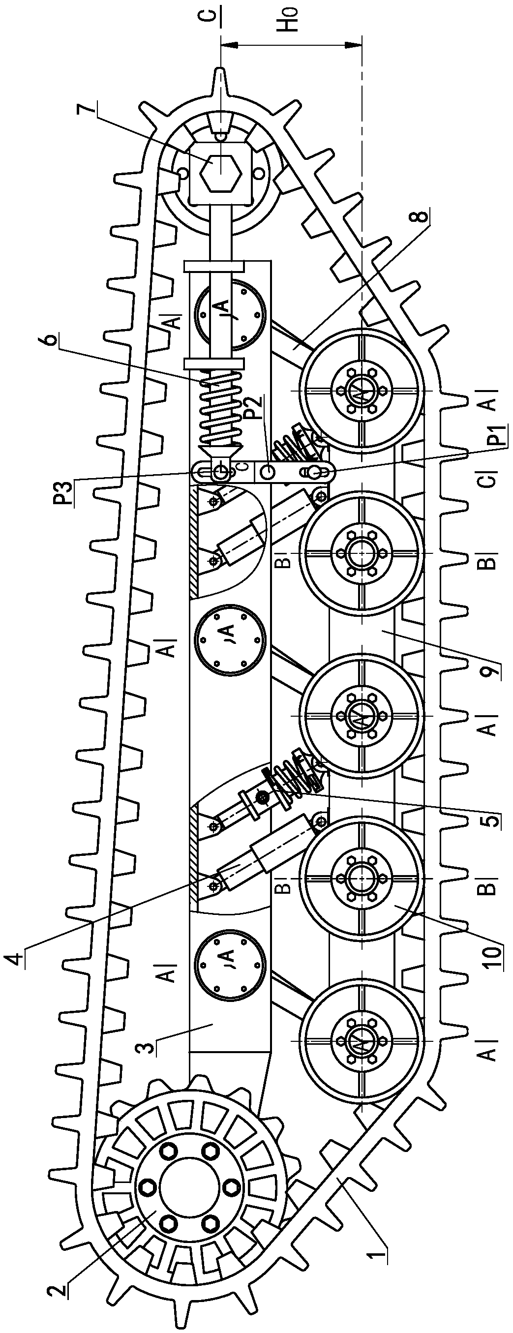 Terrain-clearance-adjustable vibration attenuation type caterpillar band drive mechanism