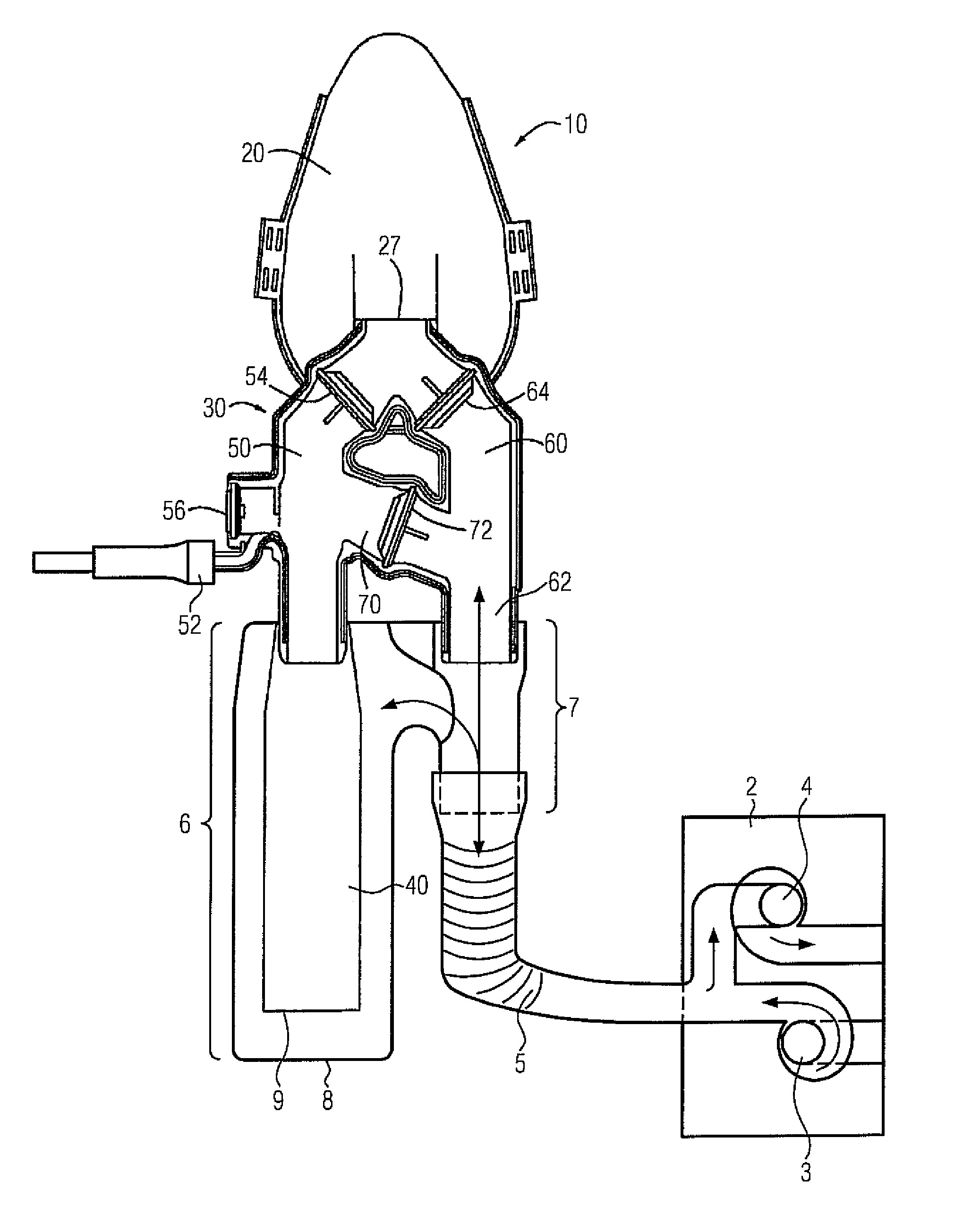 Gas reservoir bag, distributor housing, breathing mask, and respiration method