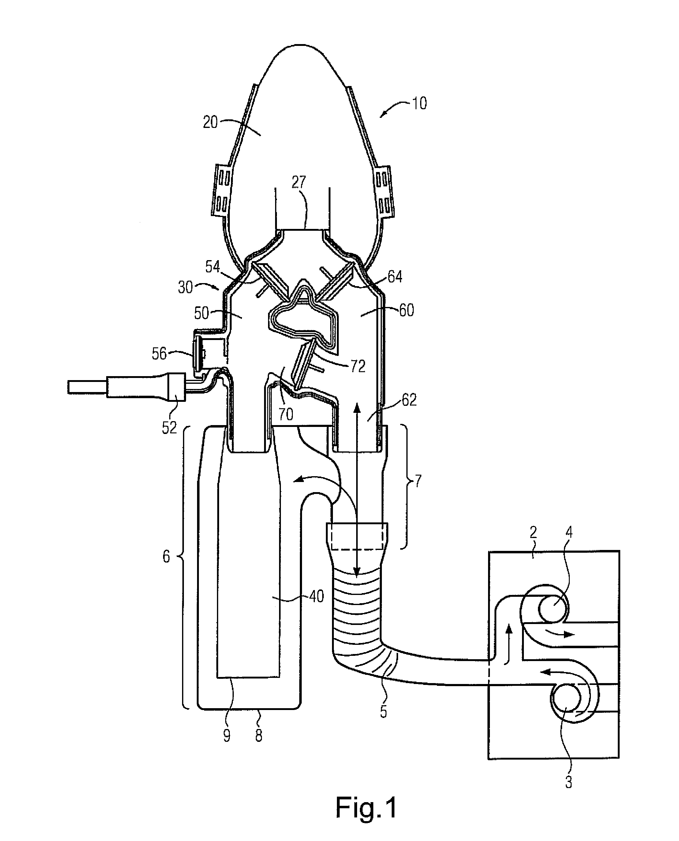 Gas reservoir bag, distributor housing, breathing mask, and respiration method