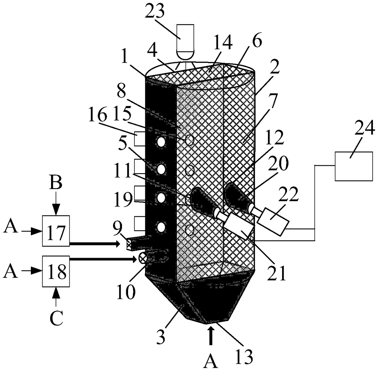 A device and method for synchronously measuring the gas-solid two-phase velocity field of a wall-attached jet