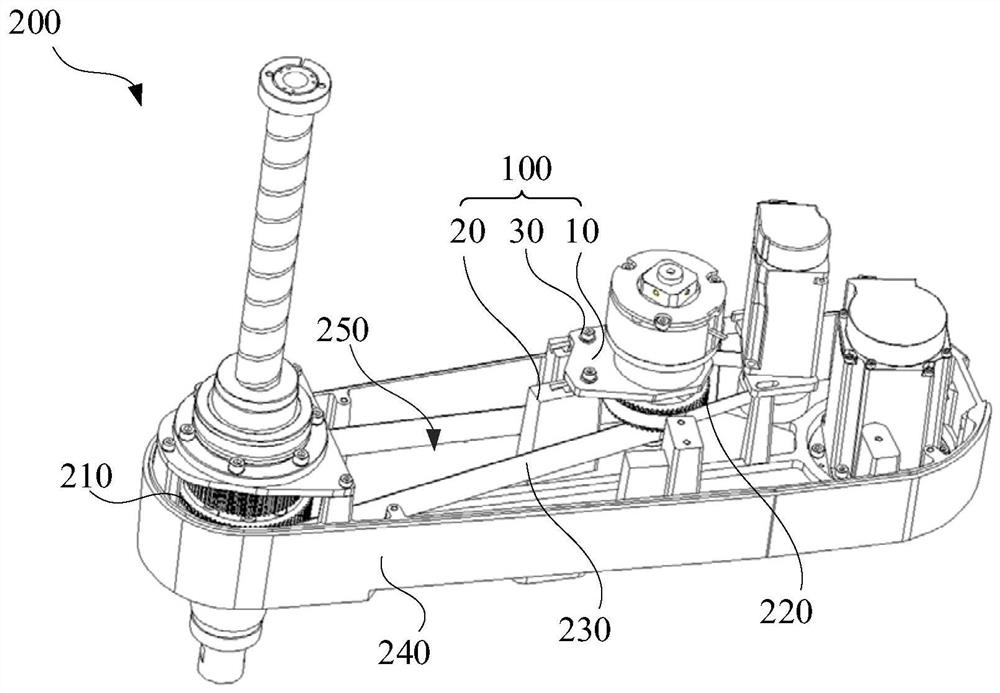 Belt tensioning device, belt conveying device and robot