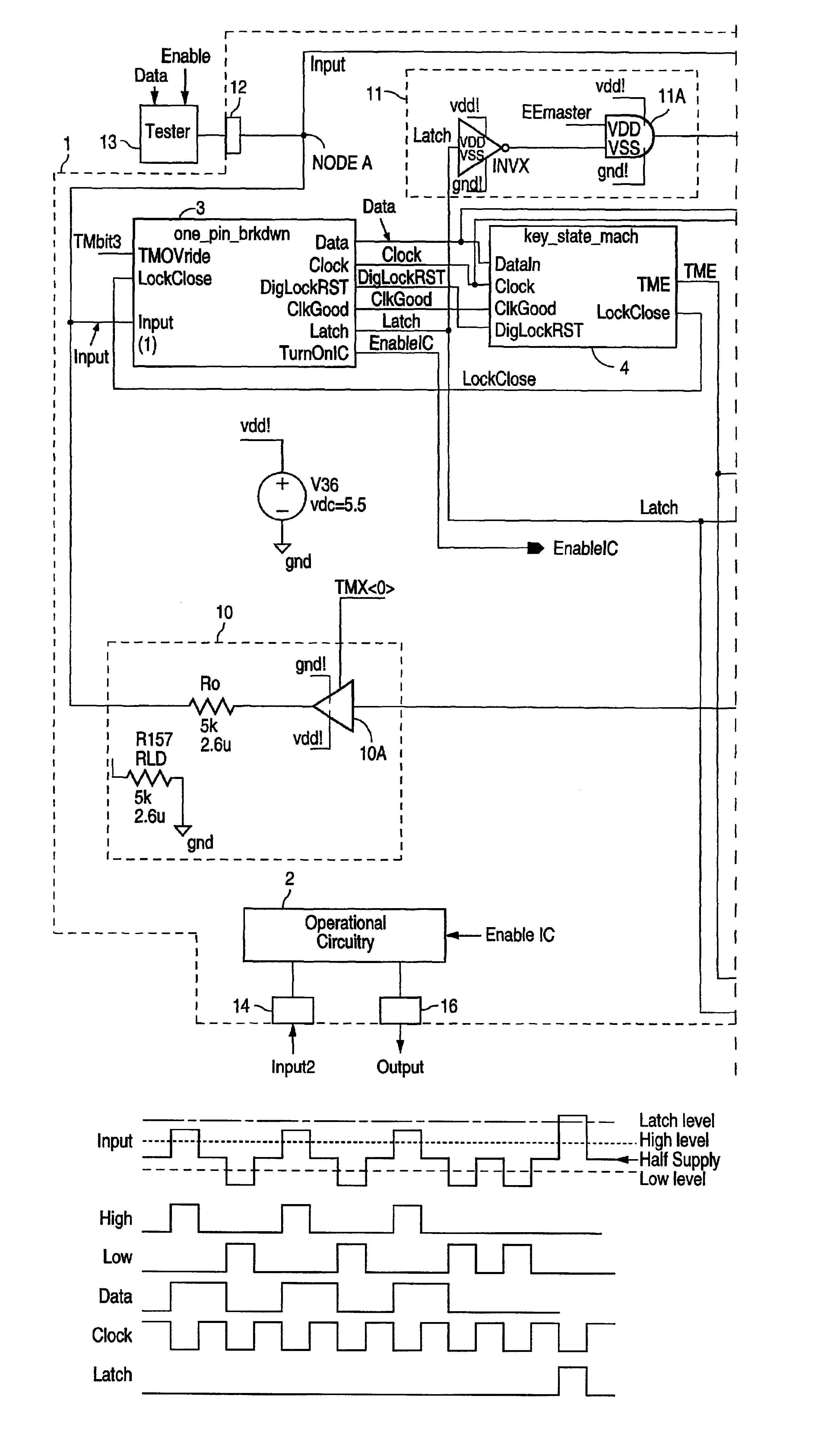 Integrated circuit and method for testing same using single pin to control test mode and normal mode operation