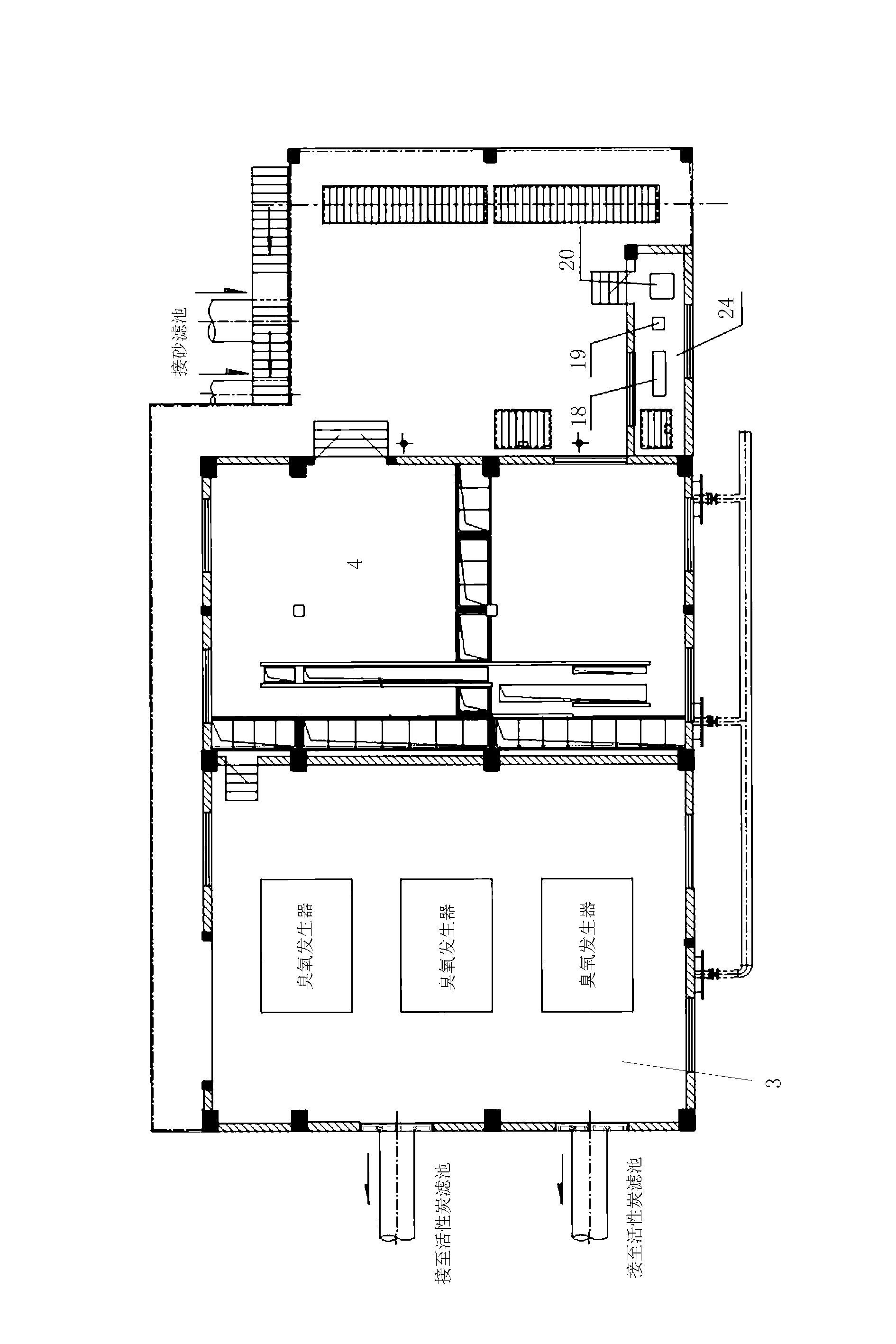 Lift pump house and post-ozone contact pool combined structure