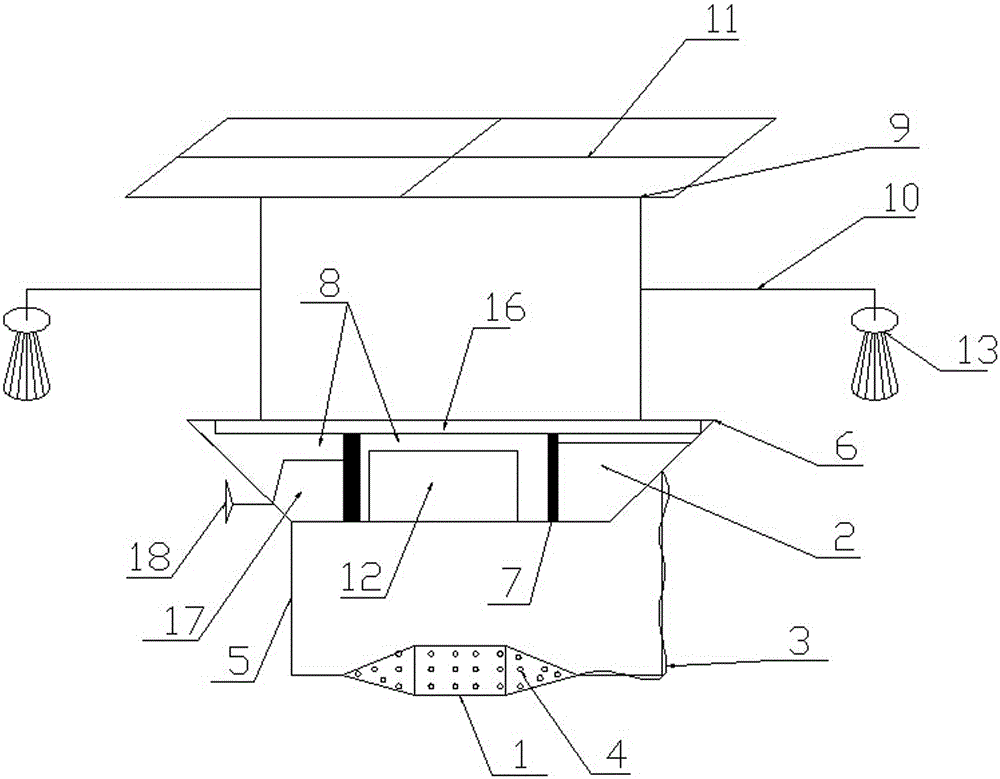 Solar automatic injurious insect attracting capturing and feeding device in brackish water fishpond cultivation