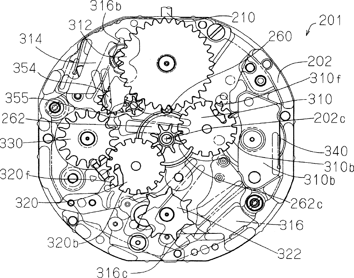 Multifunction timepiece capable of constituting plural fan shape moving hand train wheel layouts