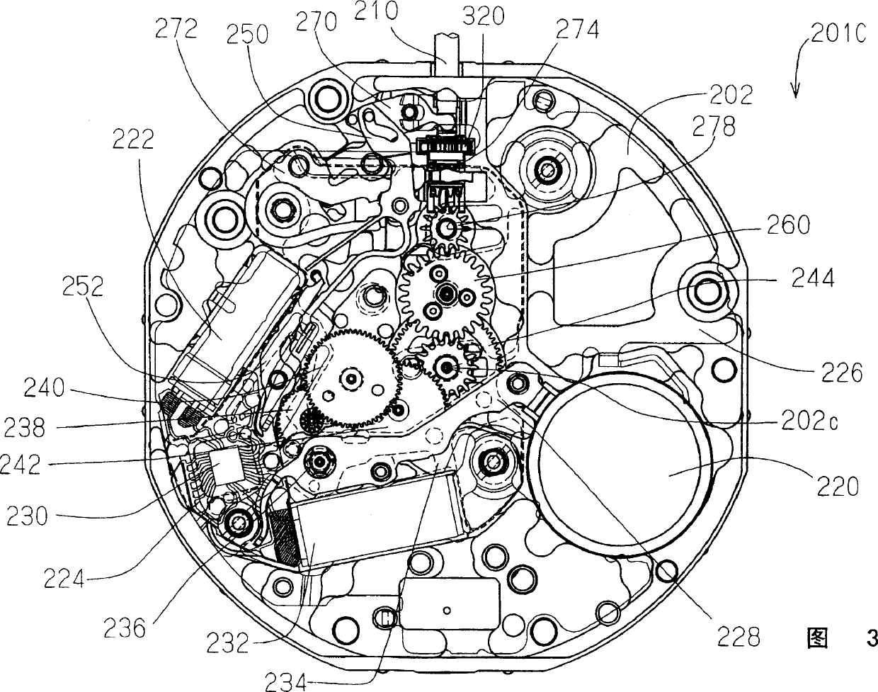 Multifunction timepiece capable of constituting plural fan shape moving hand train wheel layouts