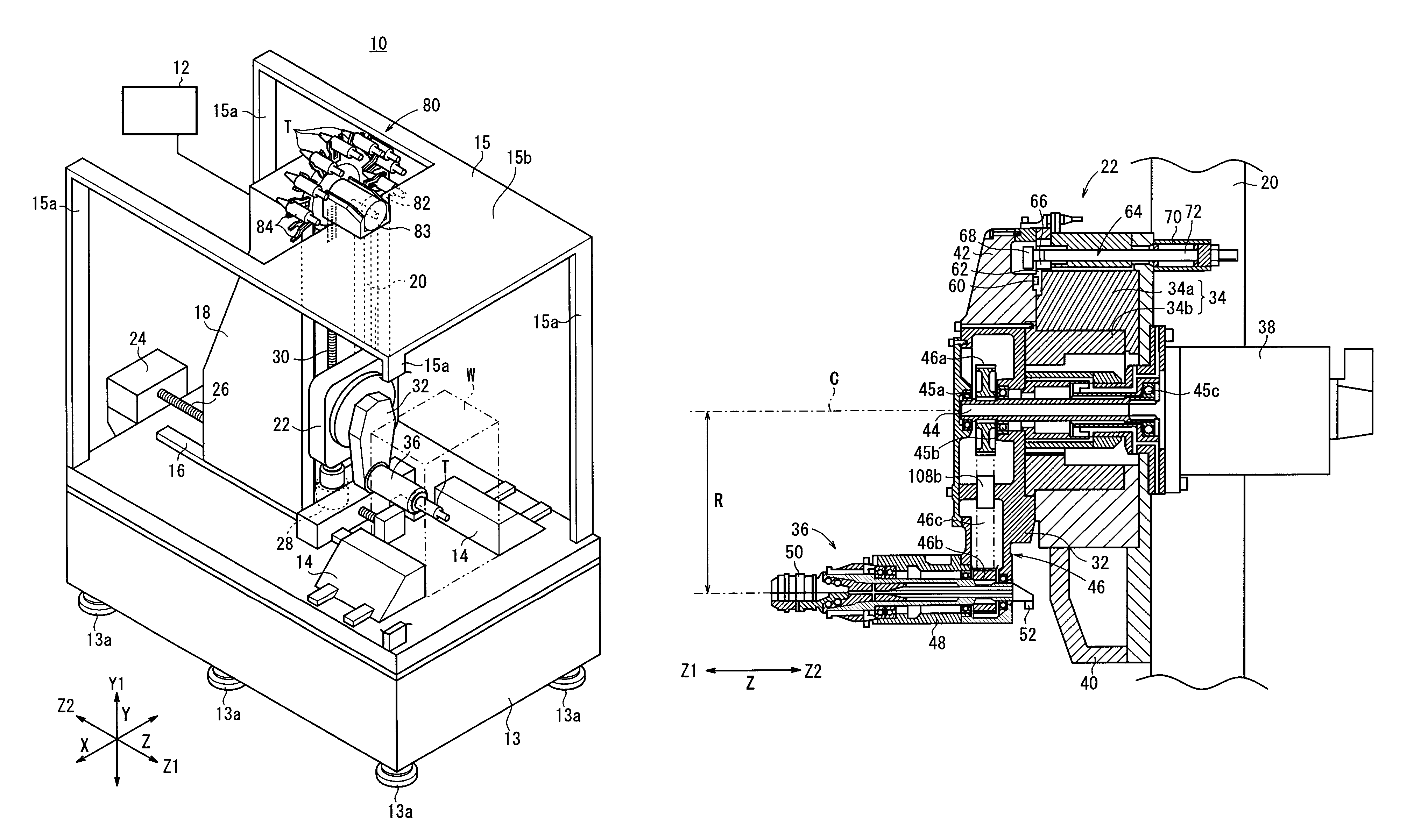 Machine tool including a Z-table and processing spindle rotatably supported on a rotation arm