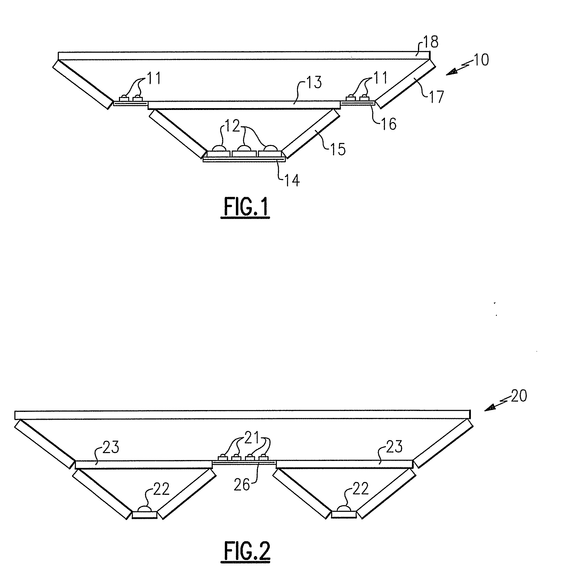 Solid state lighting devices having remote luminescent material-containing element, and lighting methods