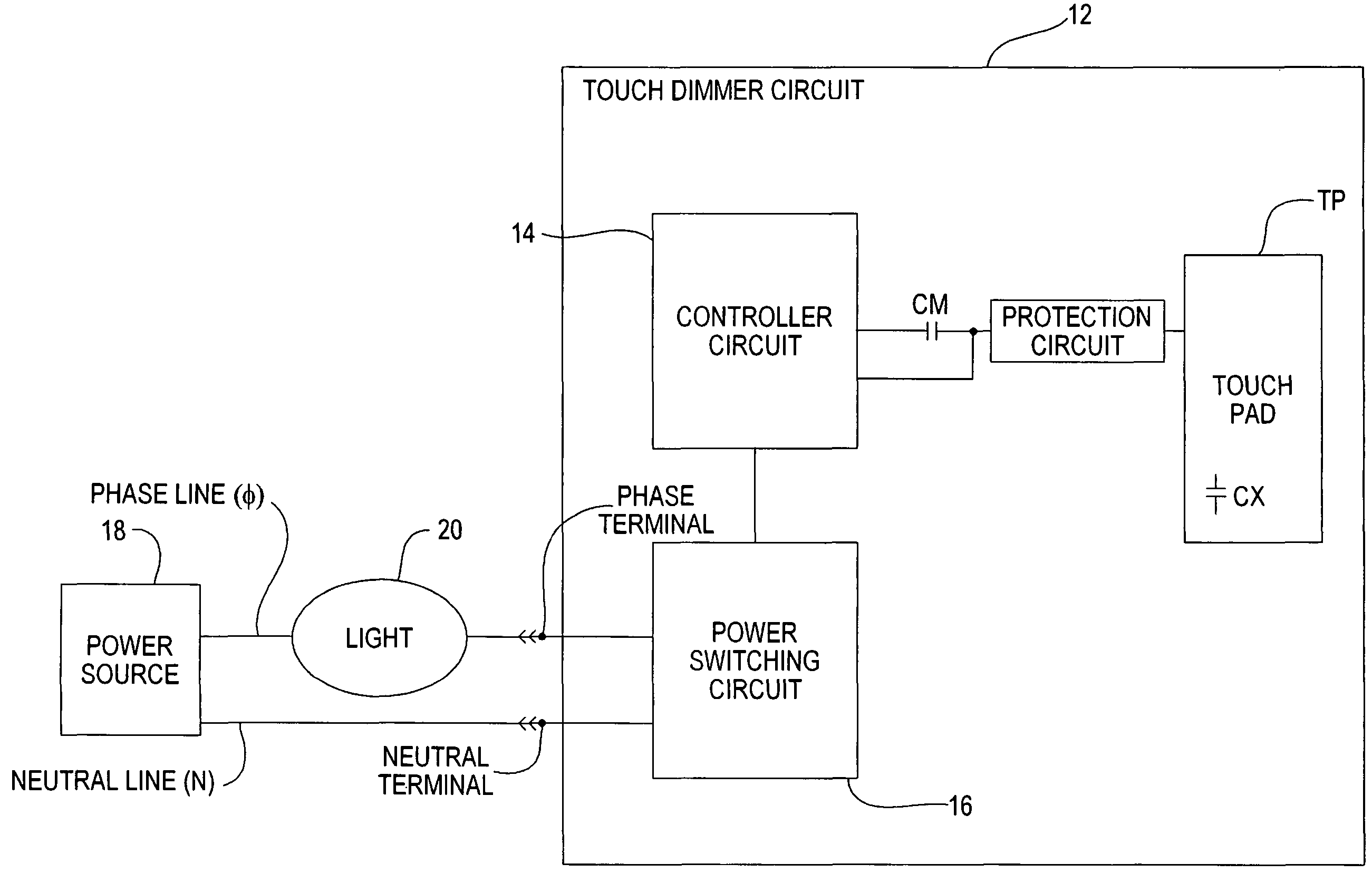 Capacitive sense toggle touch dimmer