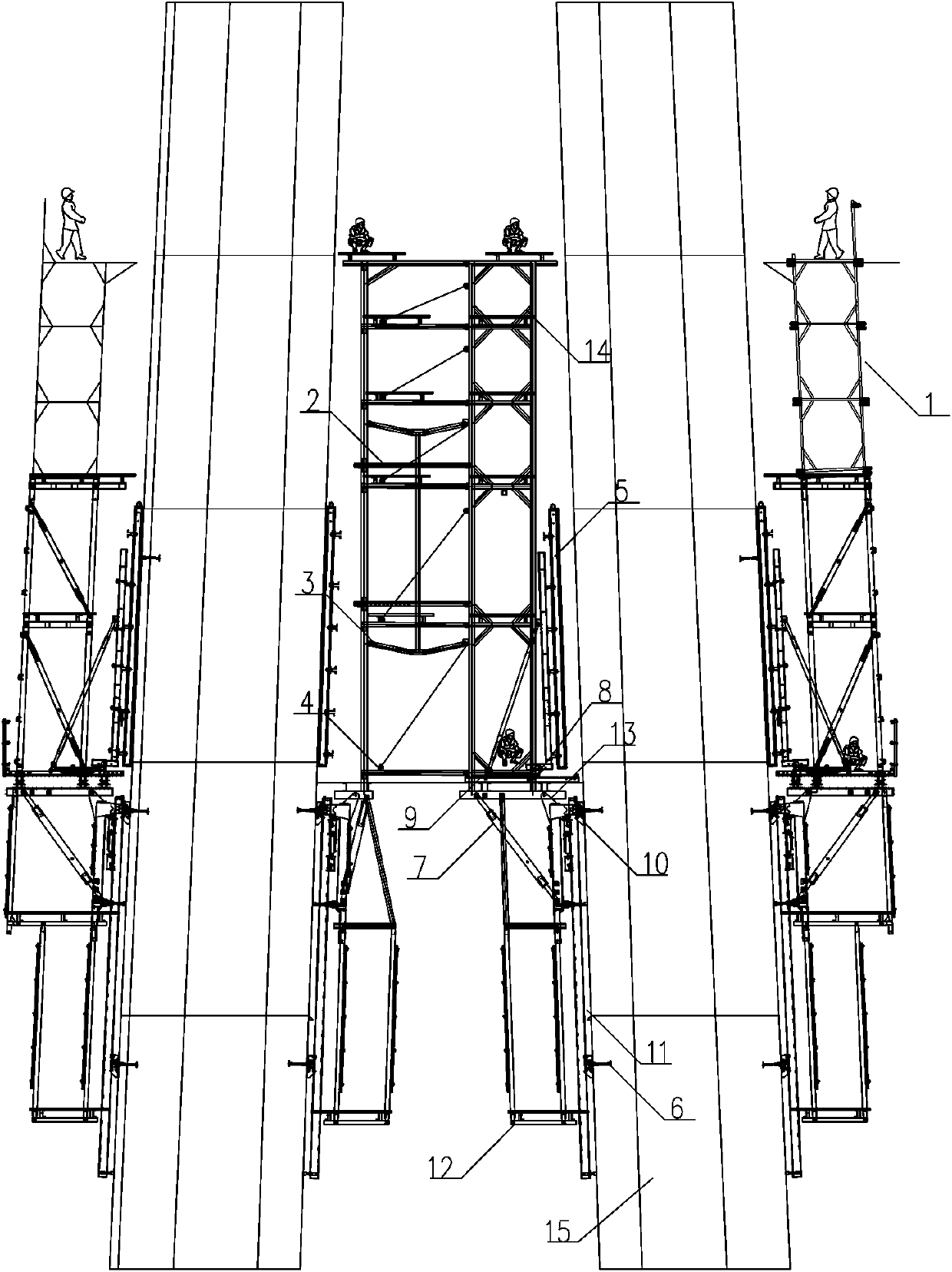 Variable-width platform device for quickly constructing hydraulic climbing formwork of double-limb cable bent tower and construction method