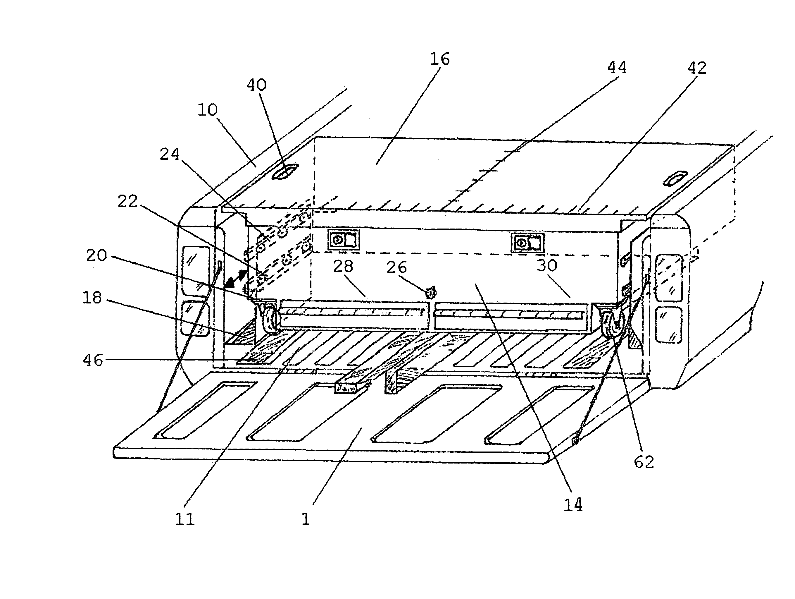 Sliding, portable, vehicle mounted combination trunk-workbench with variable height adjustment