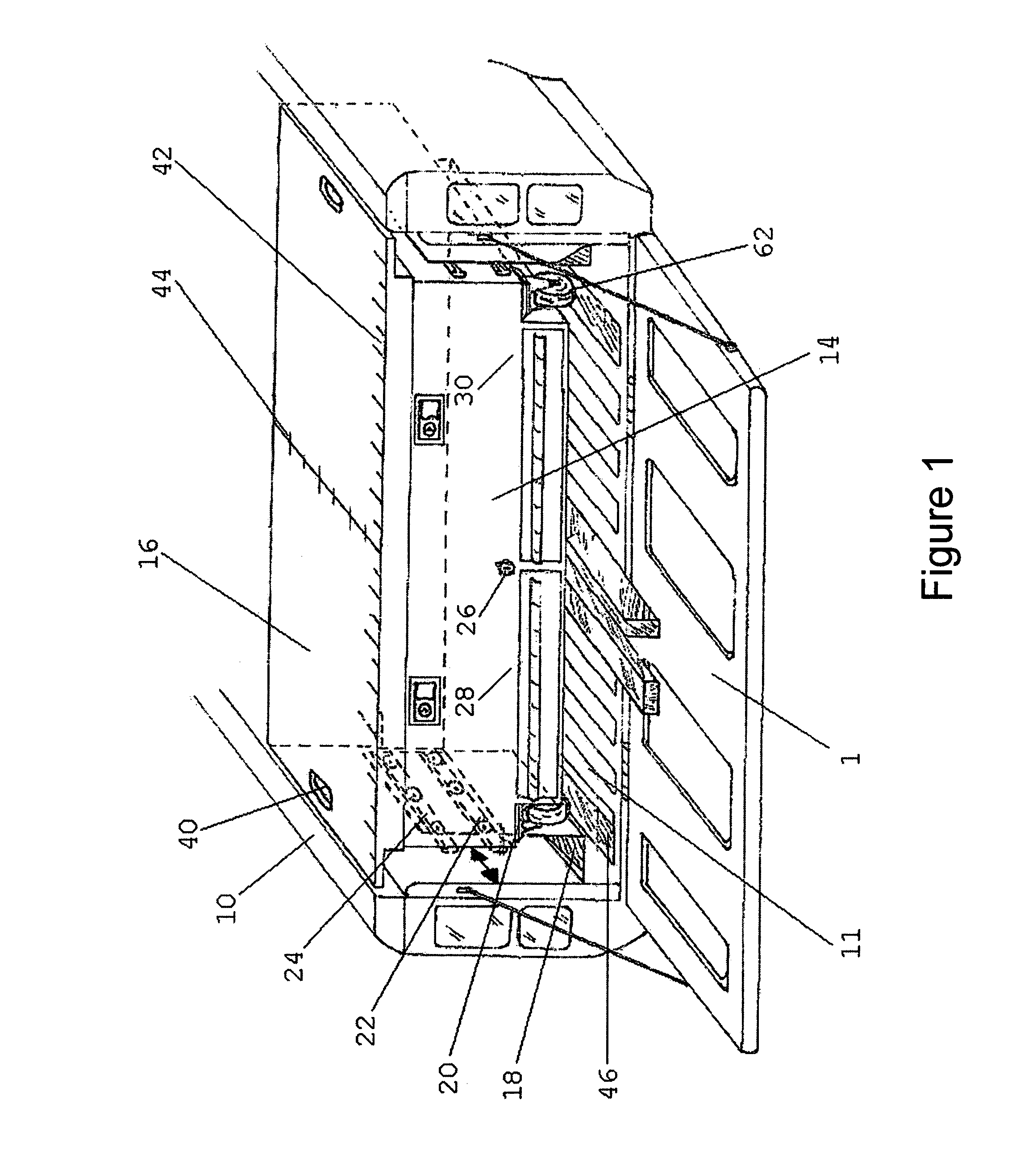 Sliding, portable, vehicle mounted combination trunk-workbench with variable height adjustment