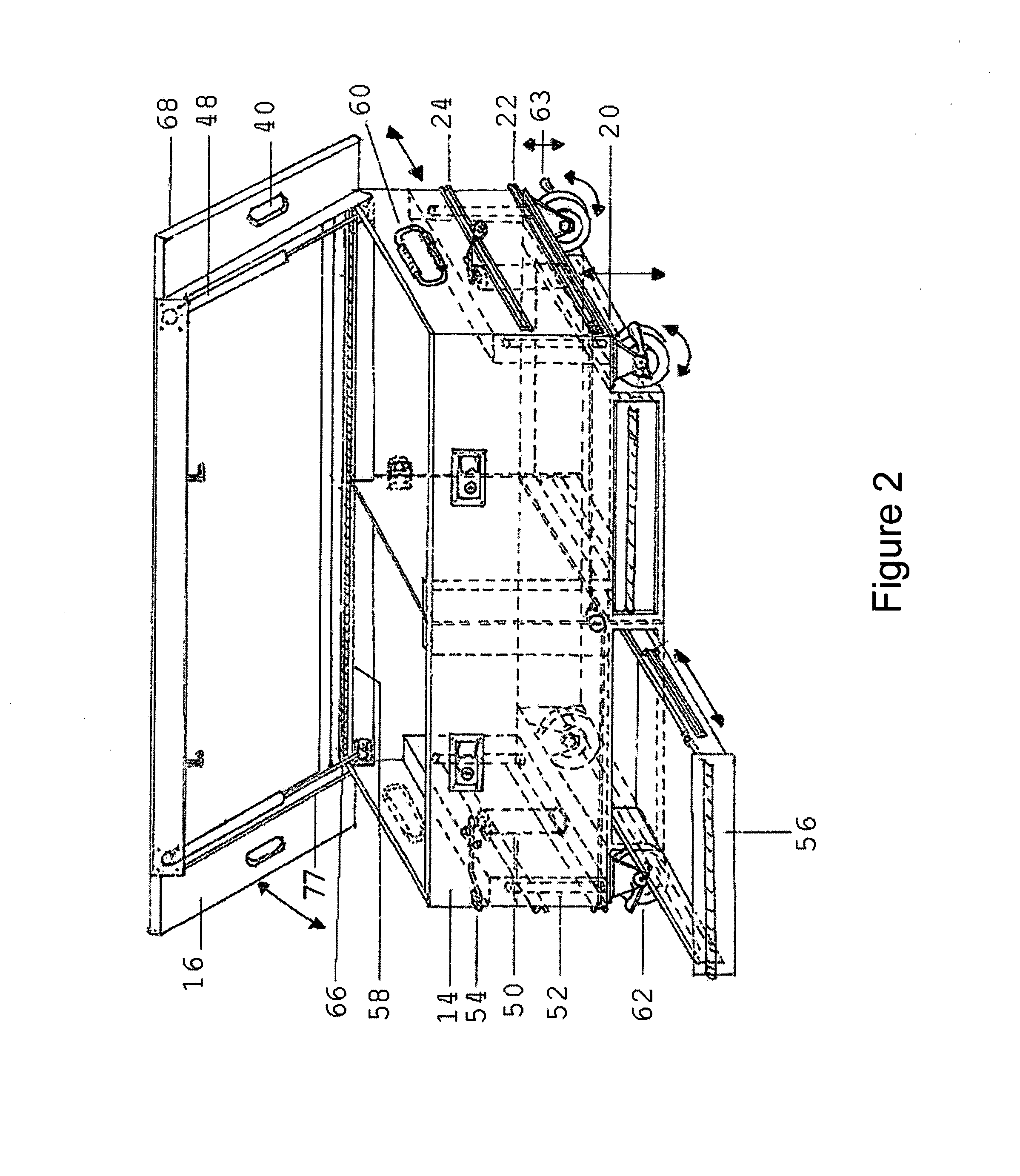 Sliding, portable, vehicle mounted combination trunk-workbench with variable height adjustment