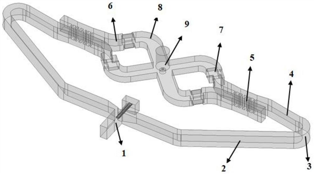 Mode converter from rectangular waveguide TE10 mode to circular waveguide rotating TE11 mode