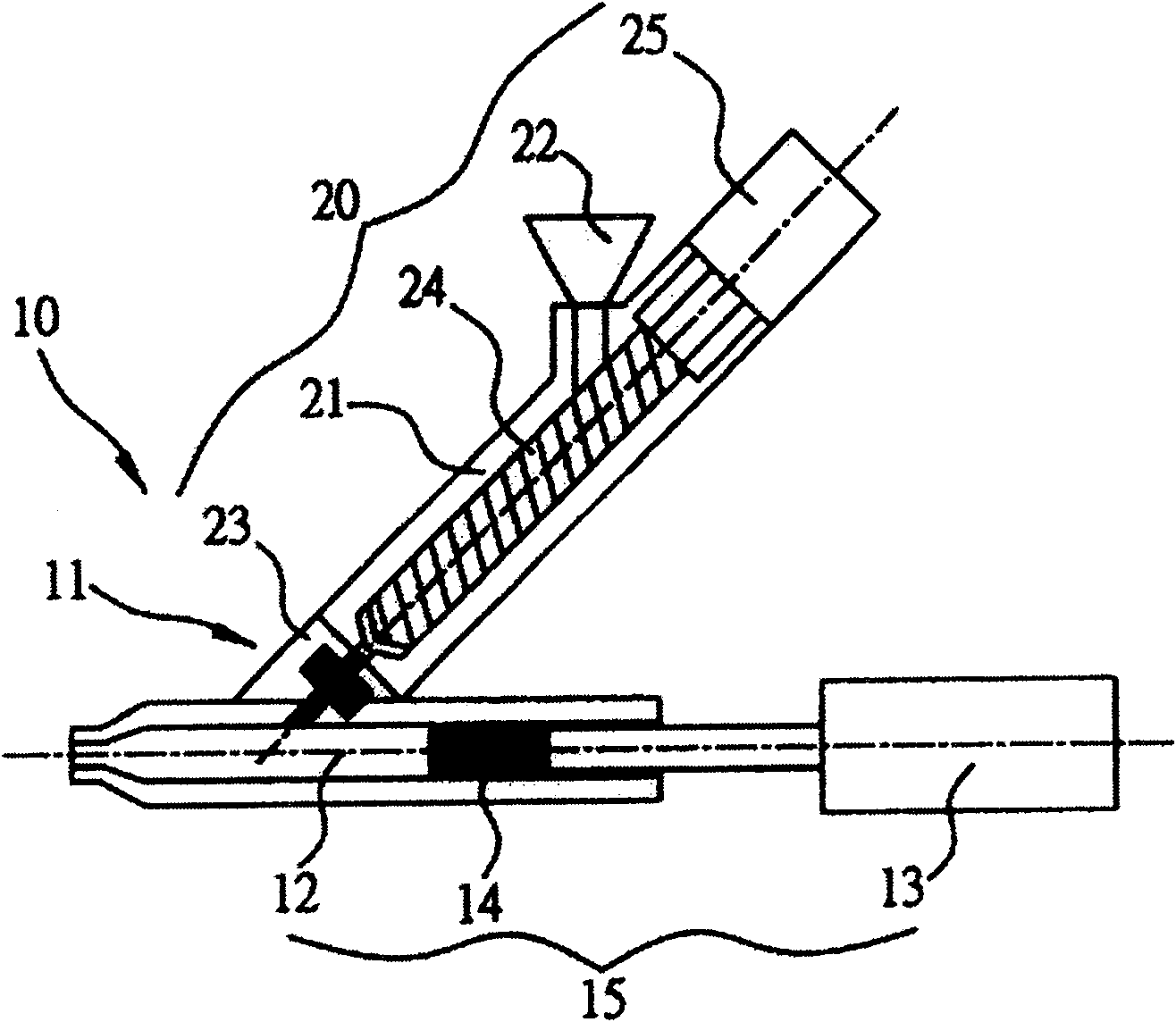 Discharge device of injection moulding machine in two-stage type