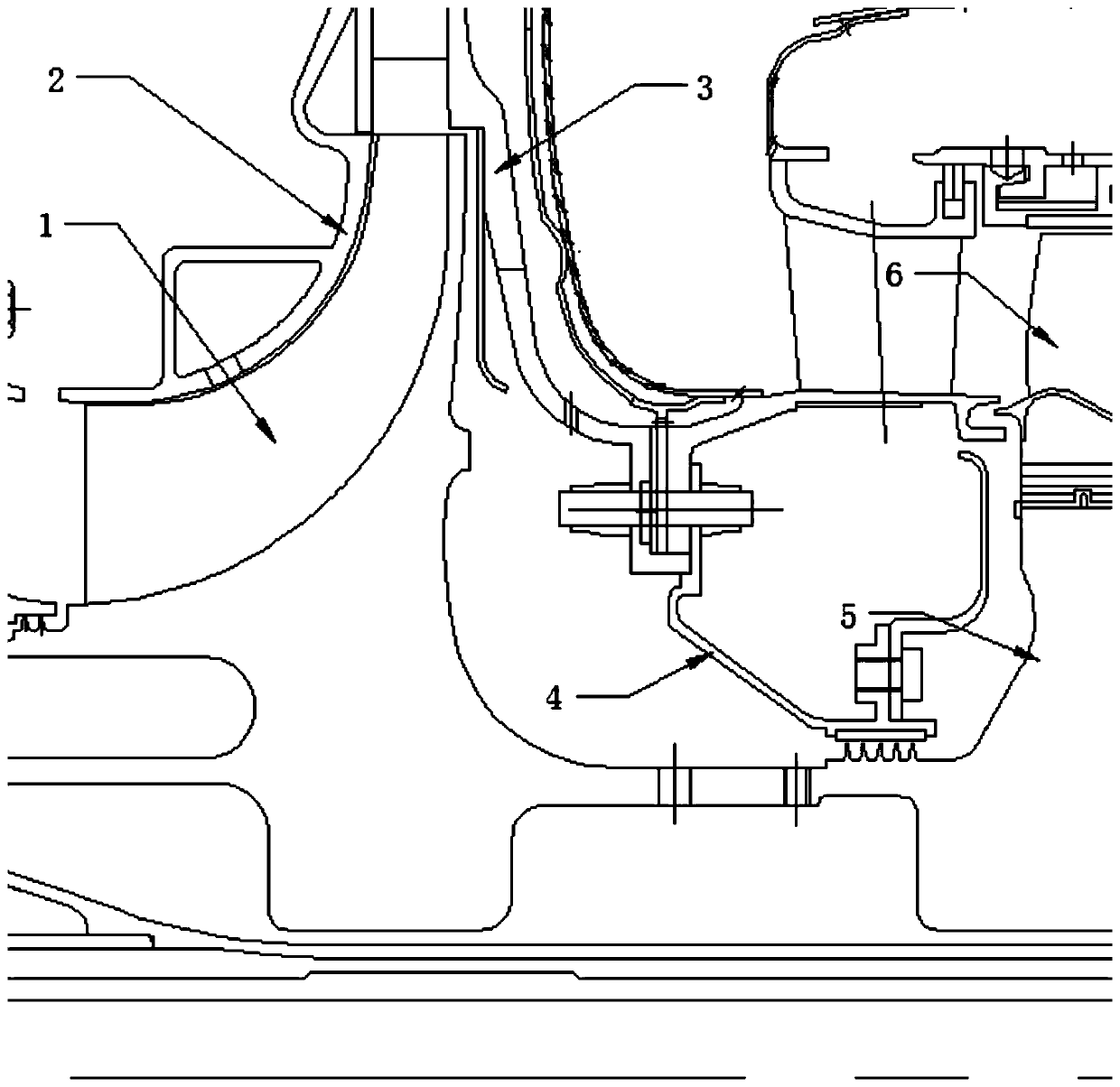 A rotor casing structure inside a rotating disk cavity and an engine including the structure