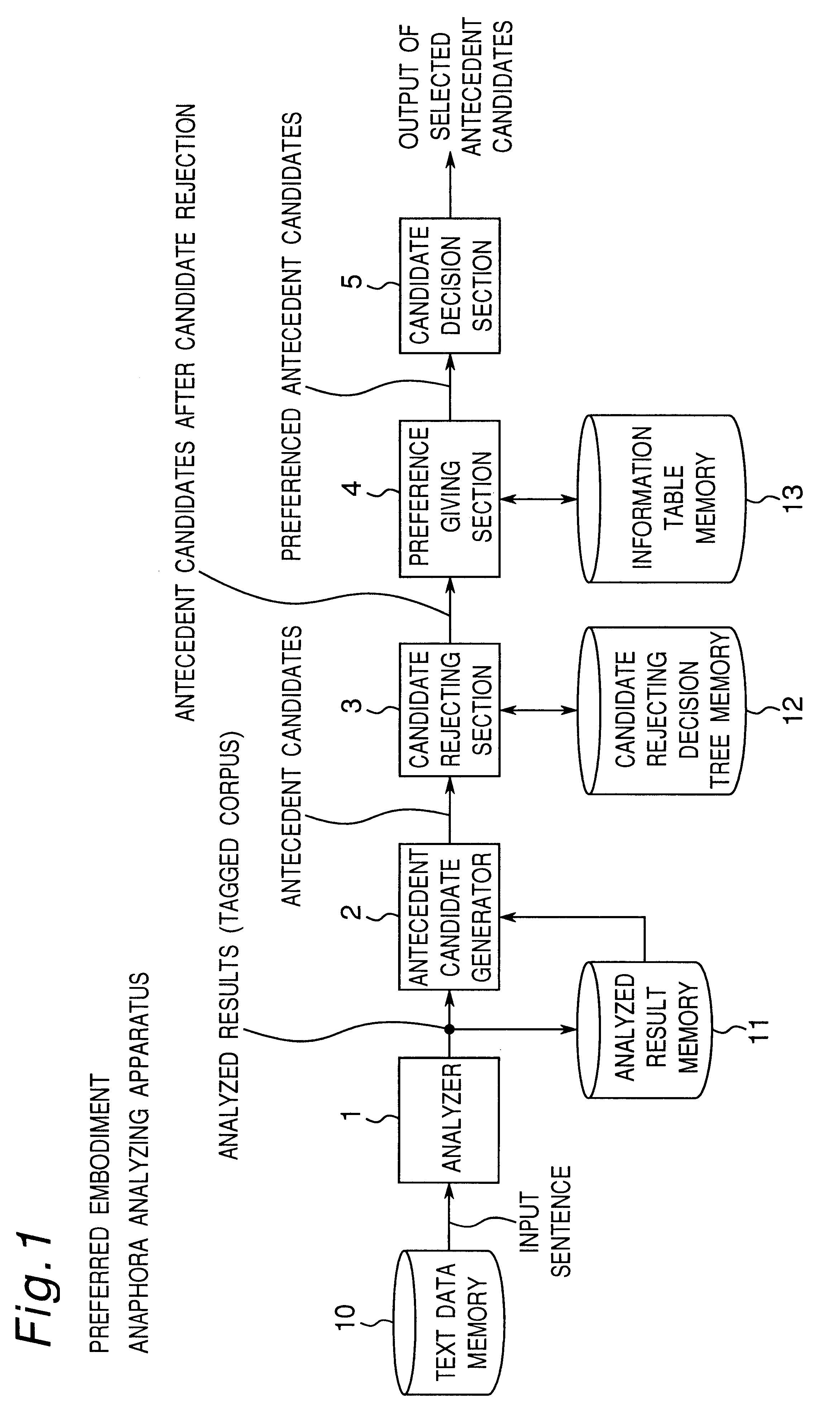 Anaphora analyzing apparatus provided with antecedent candidate rejecting means using candidate rejecting decision tree